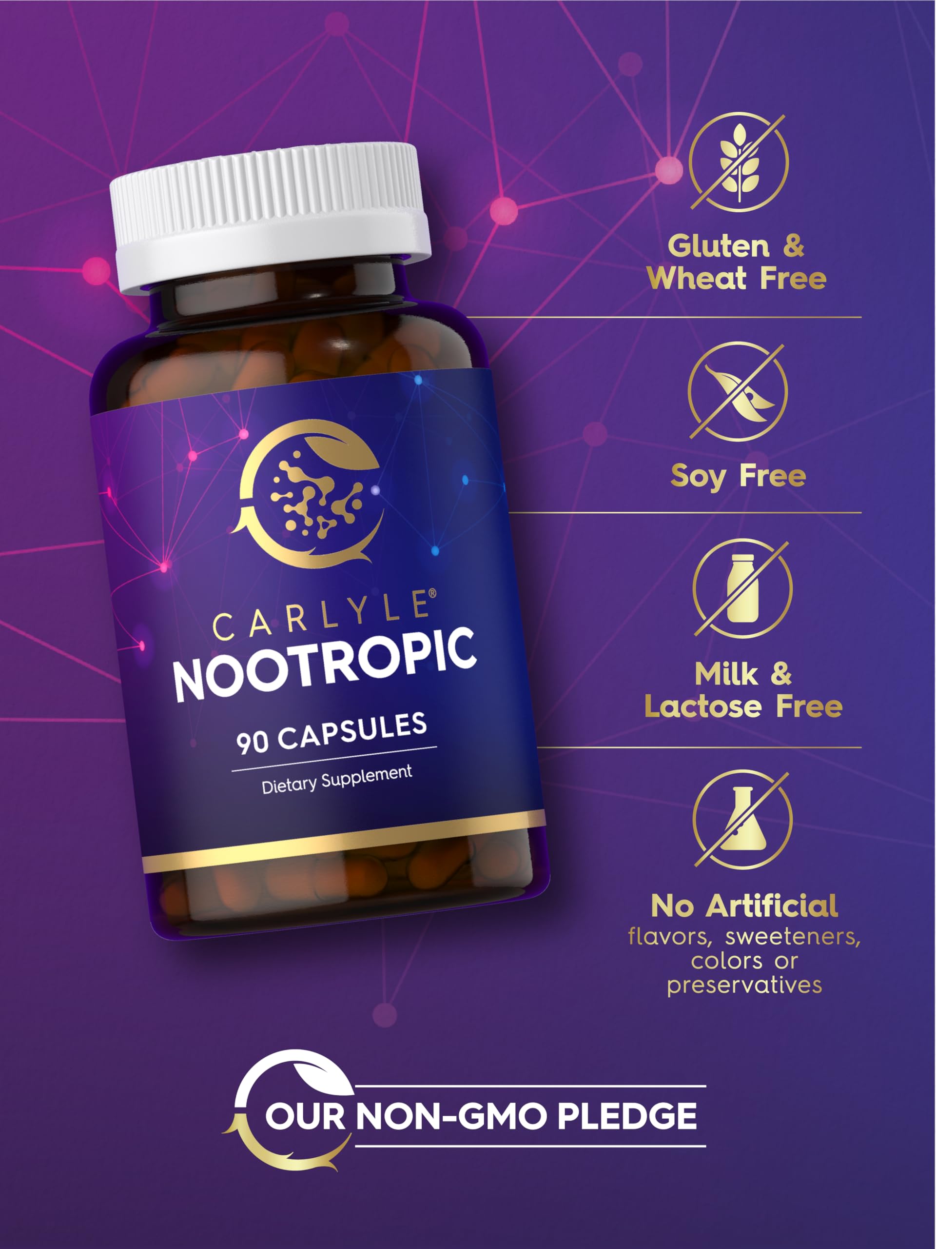 Carlyle Nootropic Supplement Capsules label close-up showing ingredients