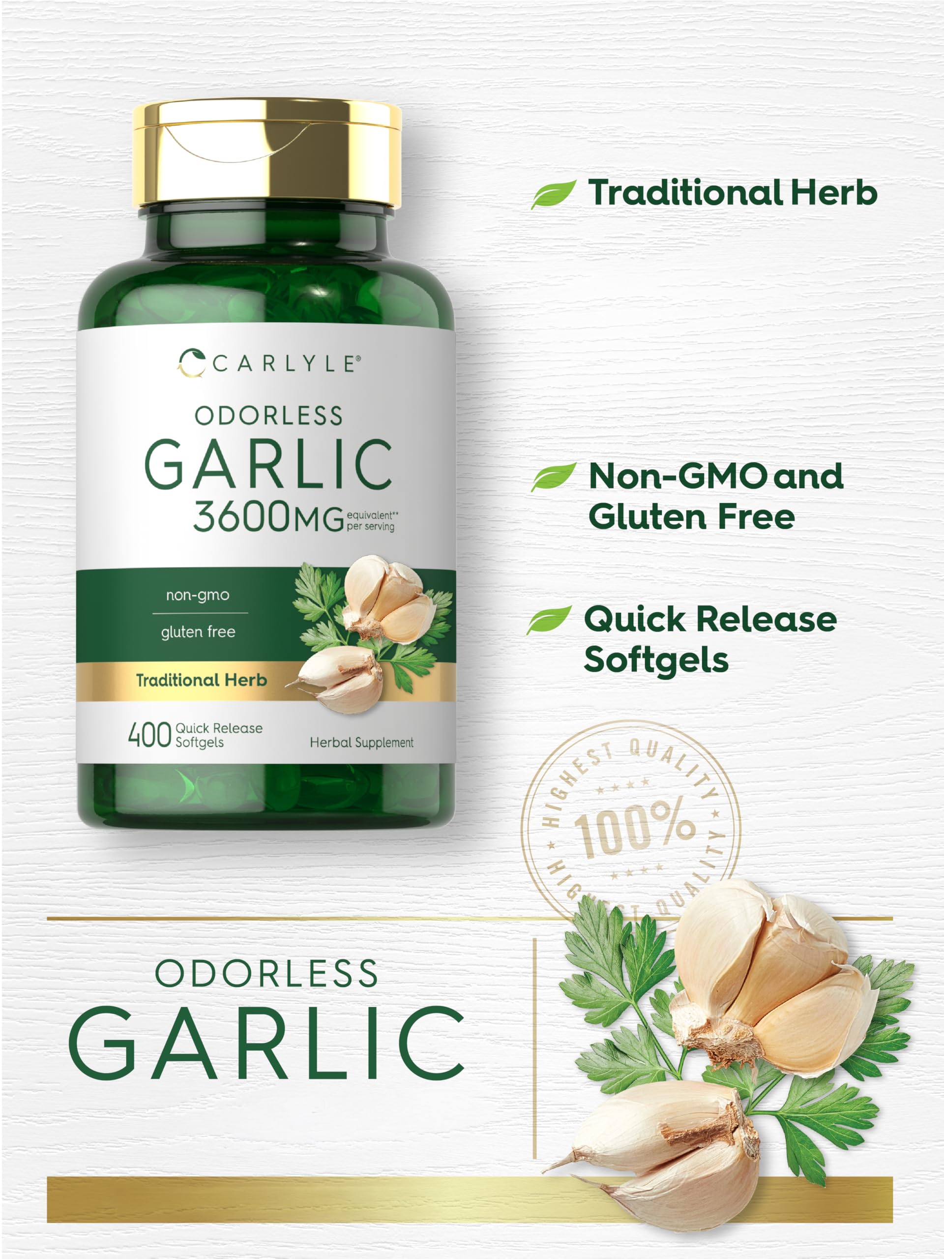 Carlyle Odorless Garlic Softgels in hand