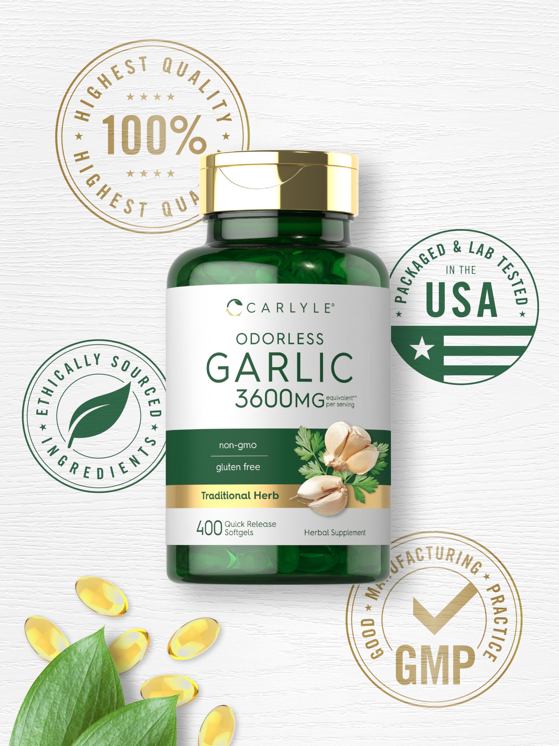 Carlyle Odorless Garlic Softgels on a wooden table