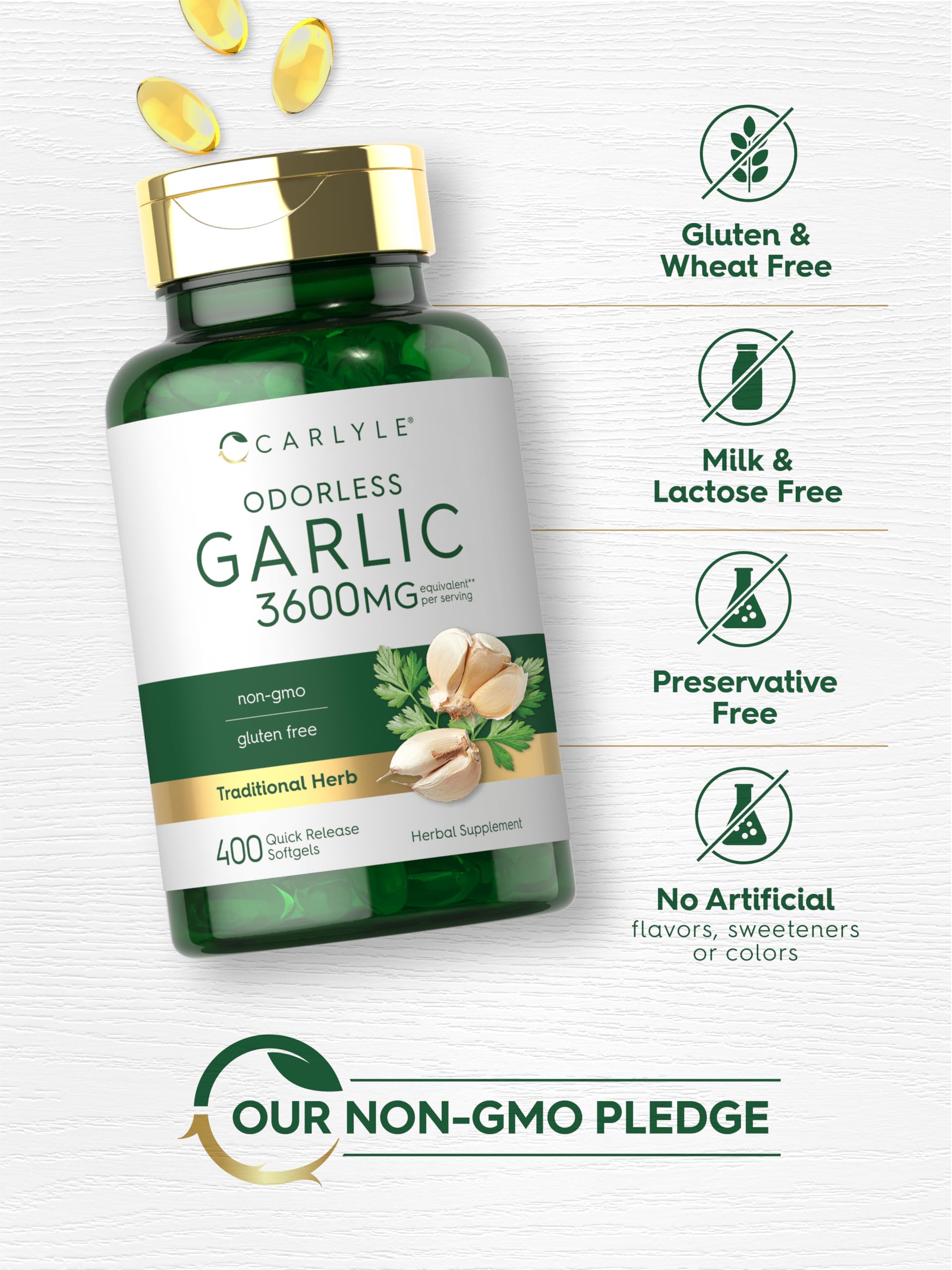 Carlyle Odorless Garlic Softgels with a measuring spoon
