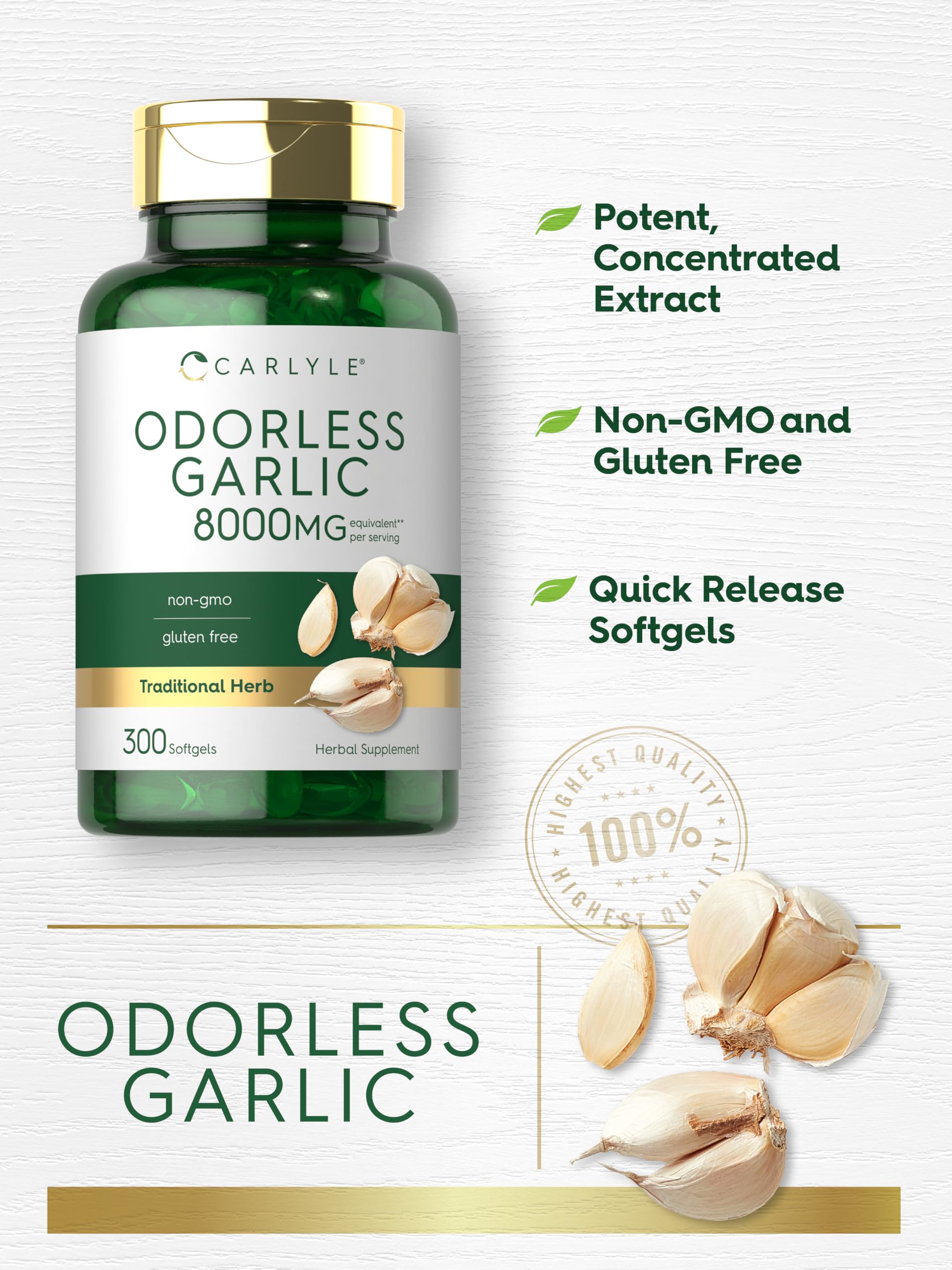 Carlyle Odourless Garlic Softgels back view with ingredient list