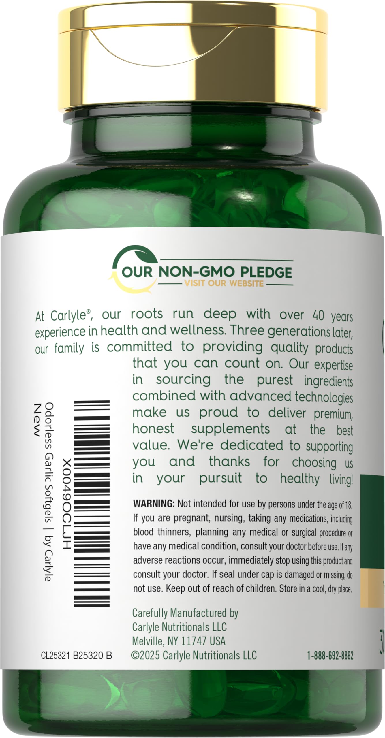 Carlyle Odourless Garlic Softgels side view of bottle