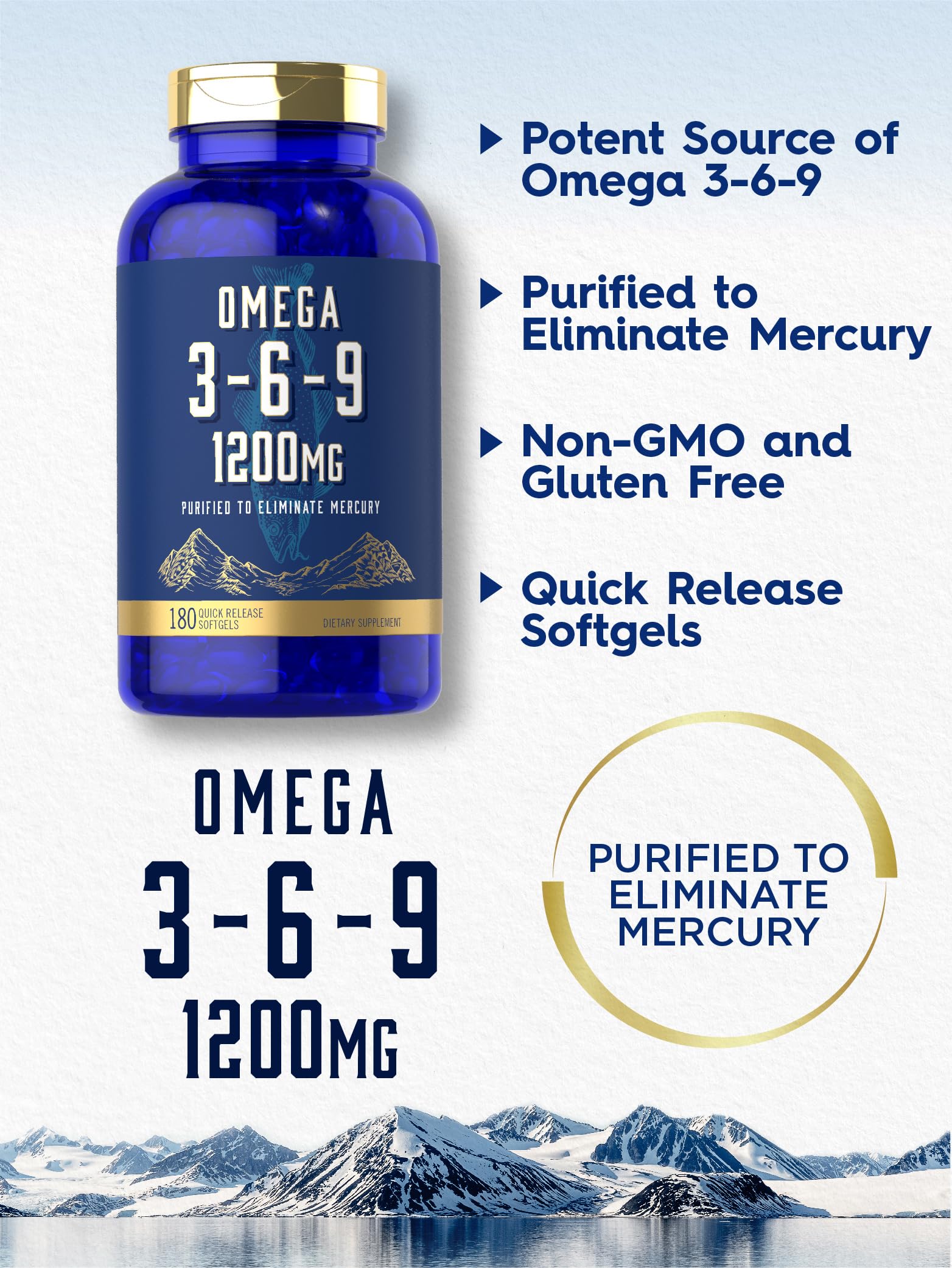 Carlyle Omega 3-6-9 softgels on a wooden table