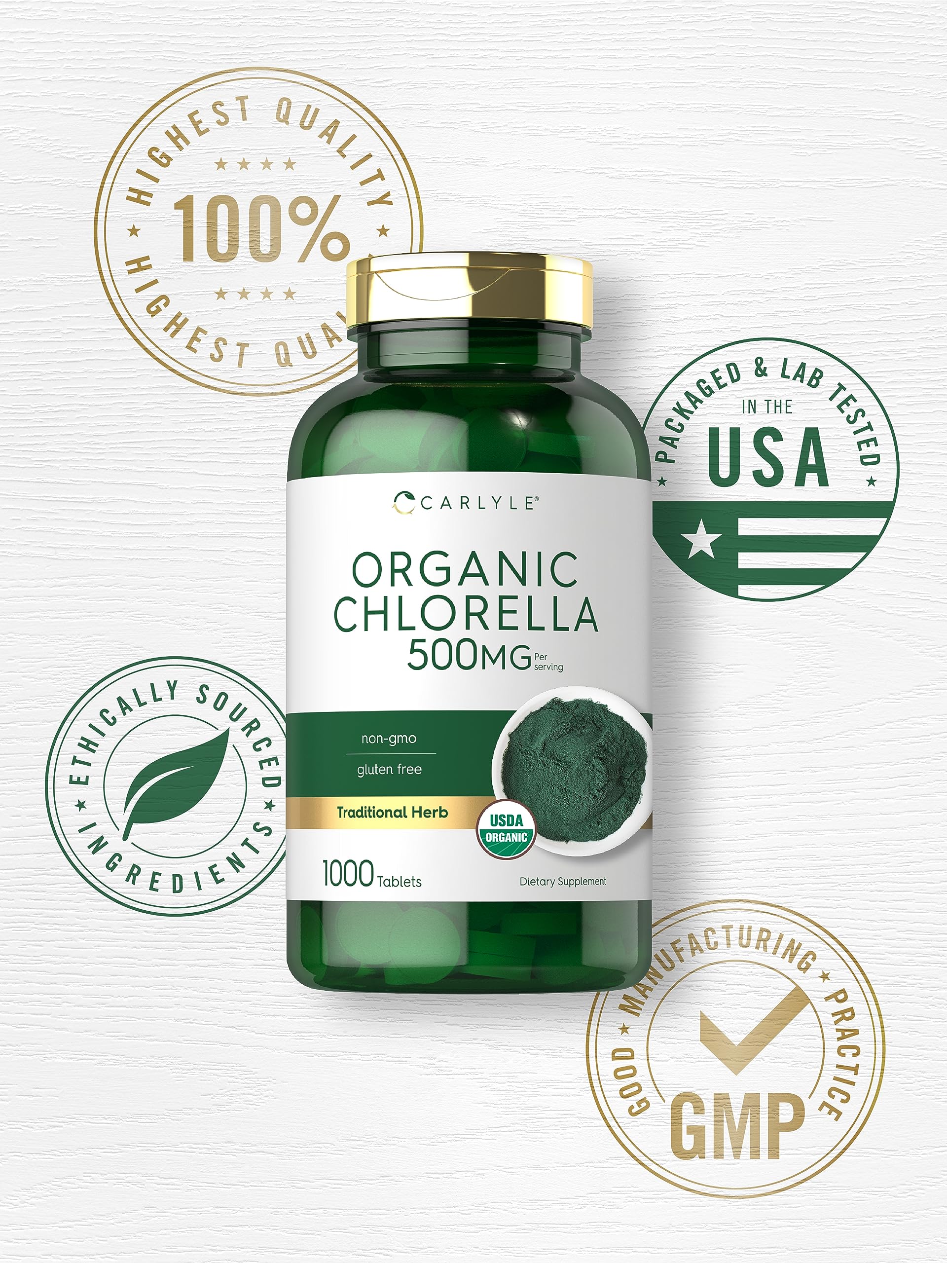 Carlyle Organic Chlorella bottle with natural background
