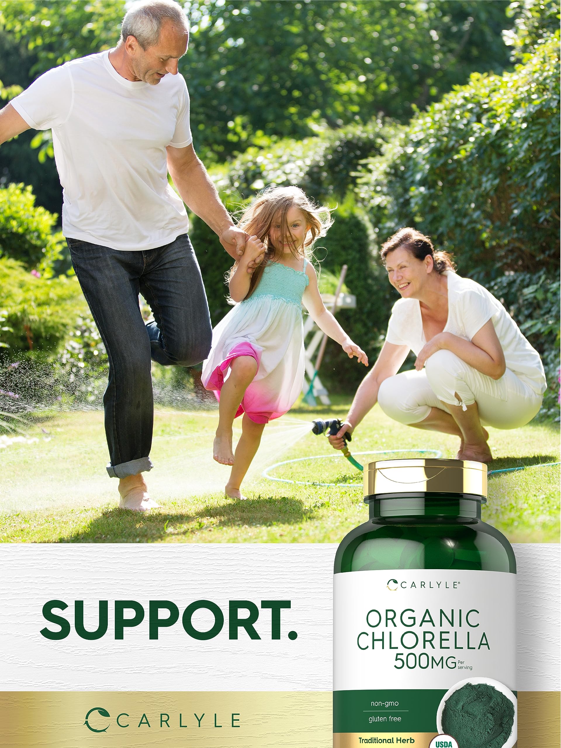Carlyle Organic Chlorella capsule close-up on wooden table