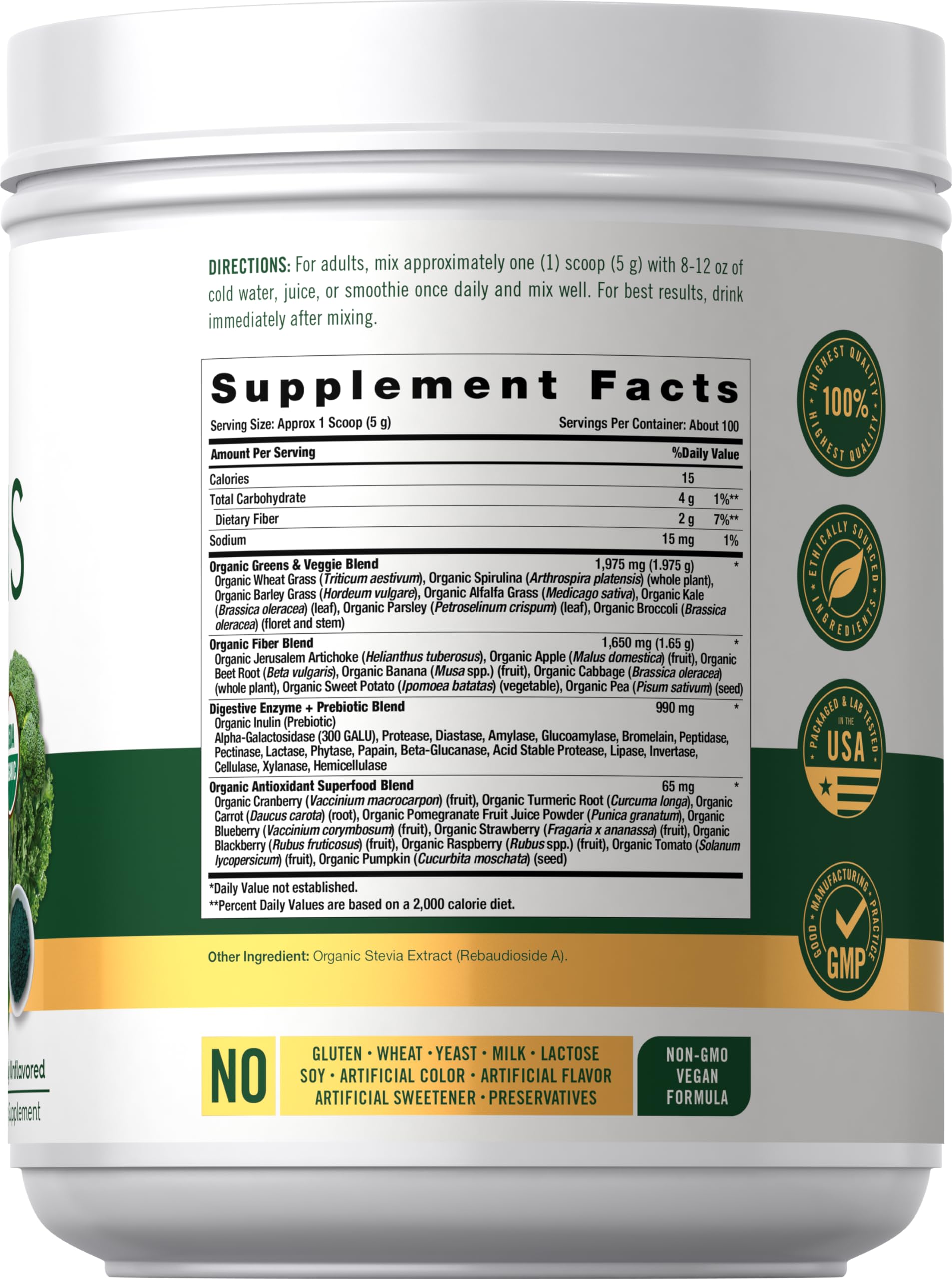 Carlyle Organic Greens Powder 608g back view showing ingredients