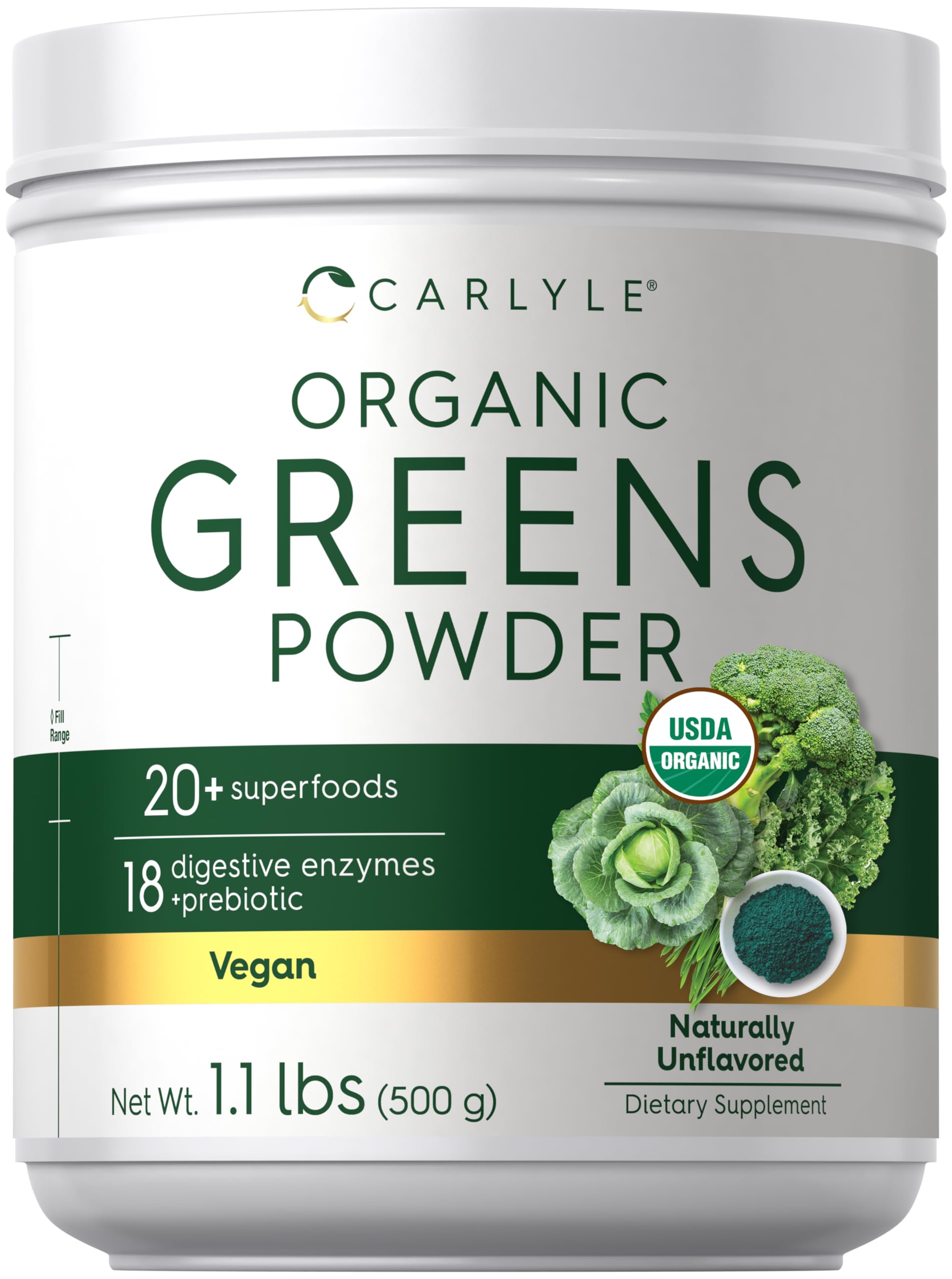 Carlyle Organic Greens Powder 608g front view with packaging