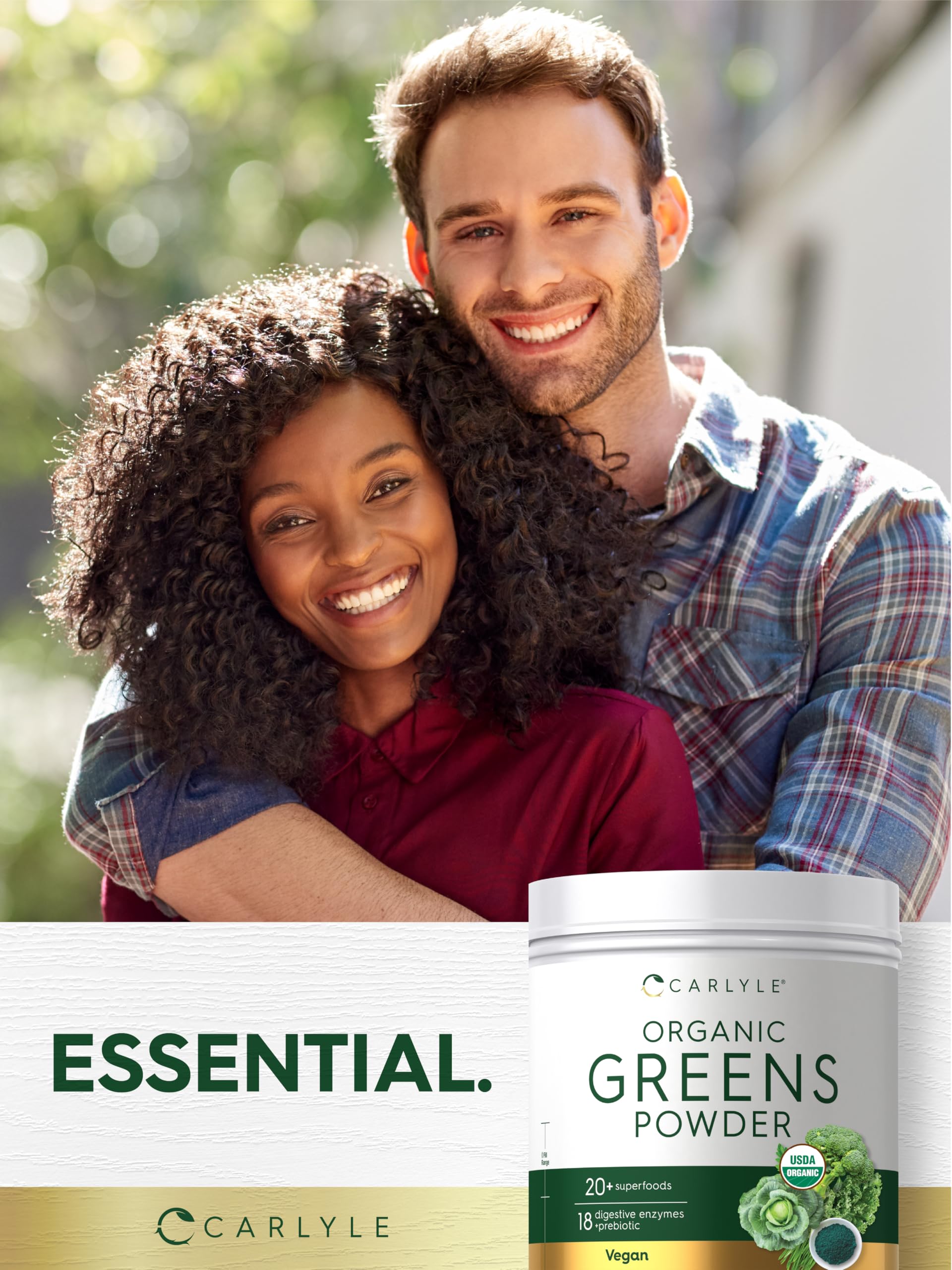 Carlyle Organic Greens Powder 608g in a bowl with fresh vegetables