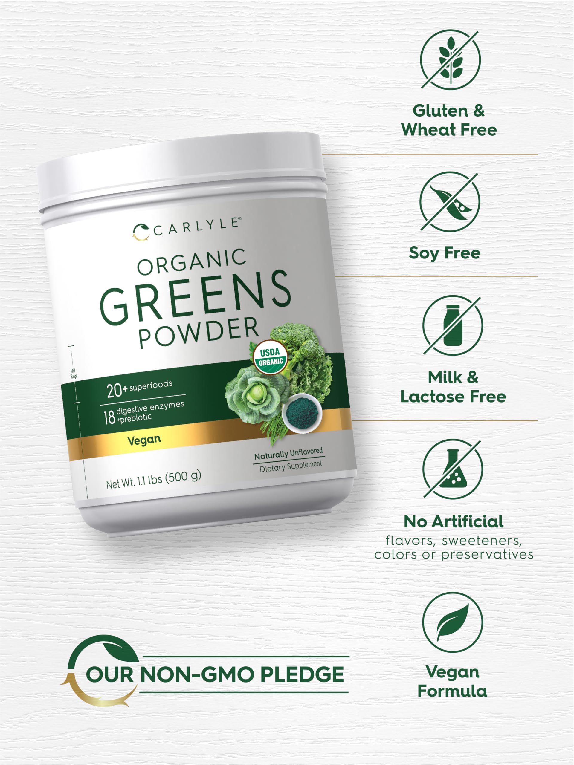 Carlyle Organic Greens Powder 608g lifestyle scene with smoothie