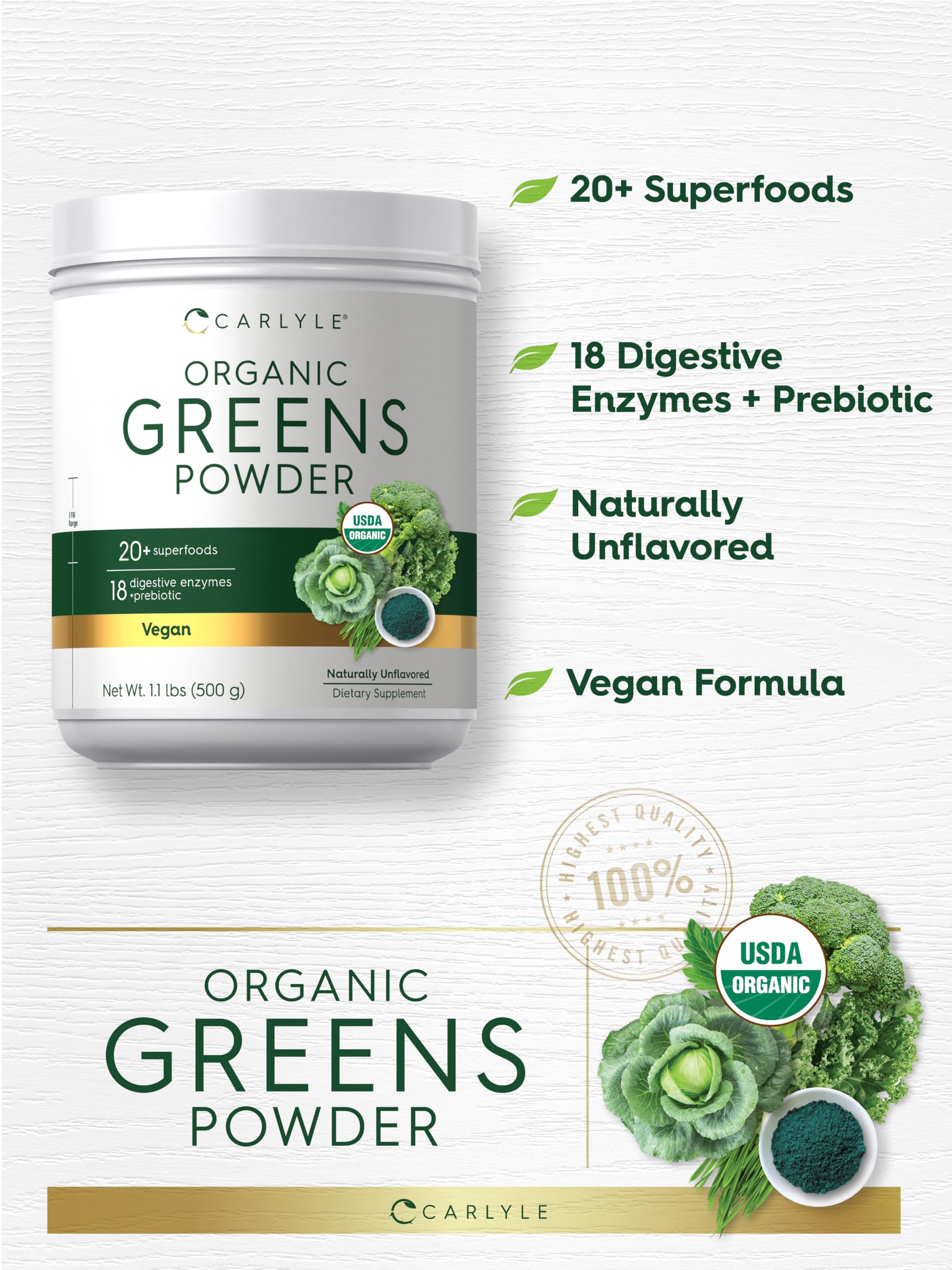 Carlyle Organic Greens Powder 608g scoop with powder