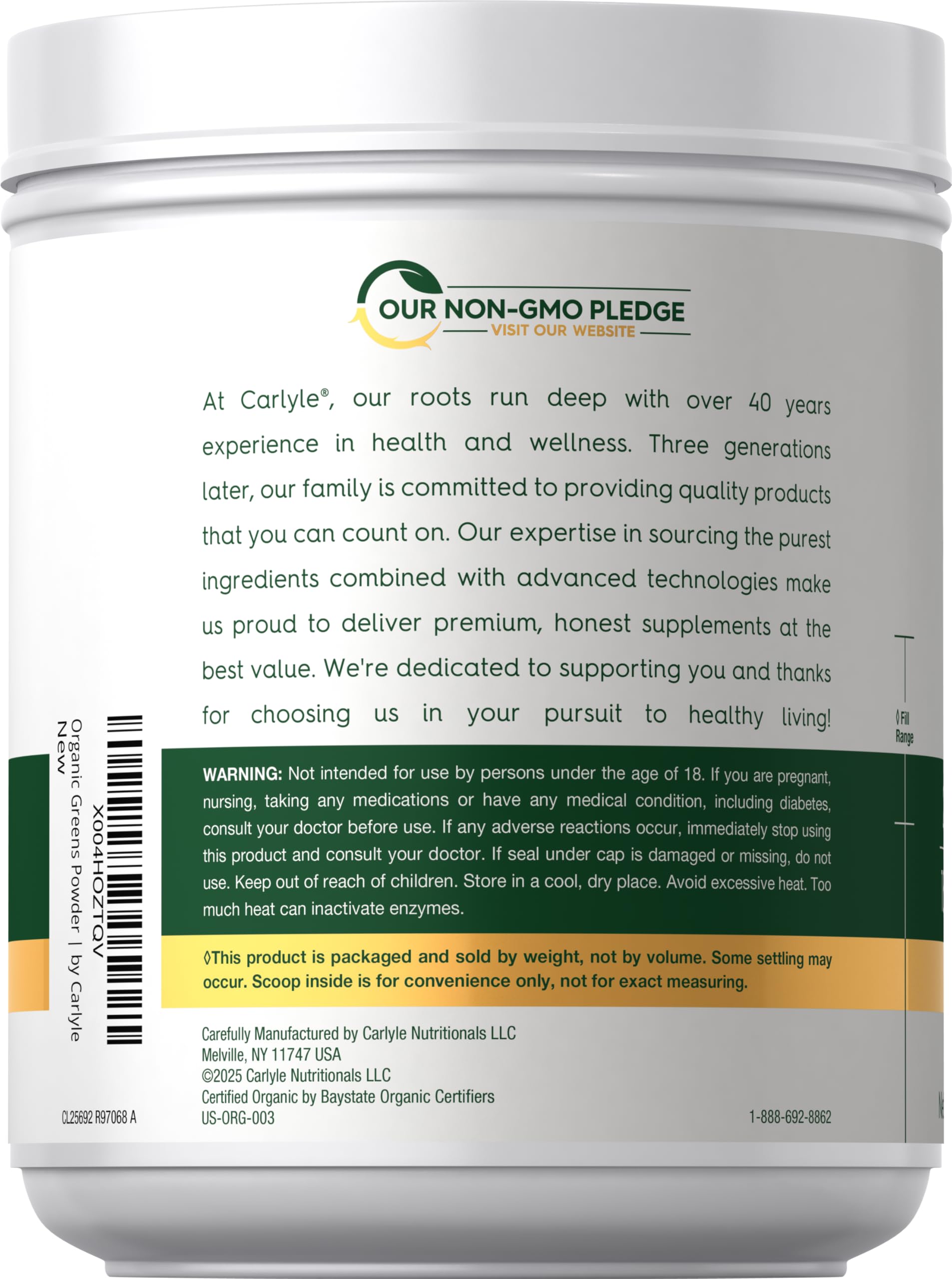 Carlyle Organic Greens Powder 608g side view with nutritional information