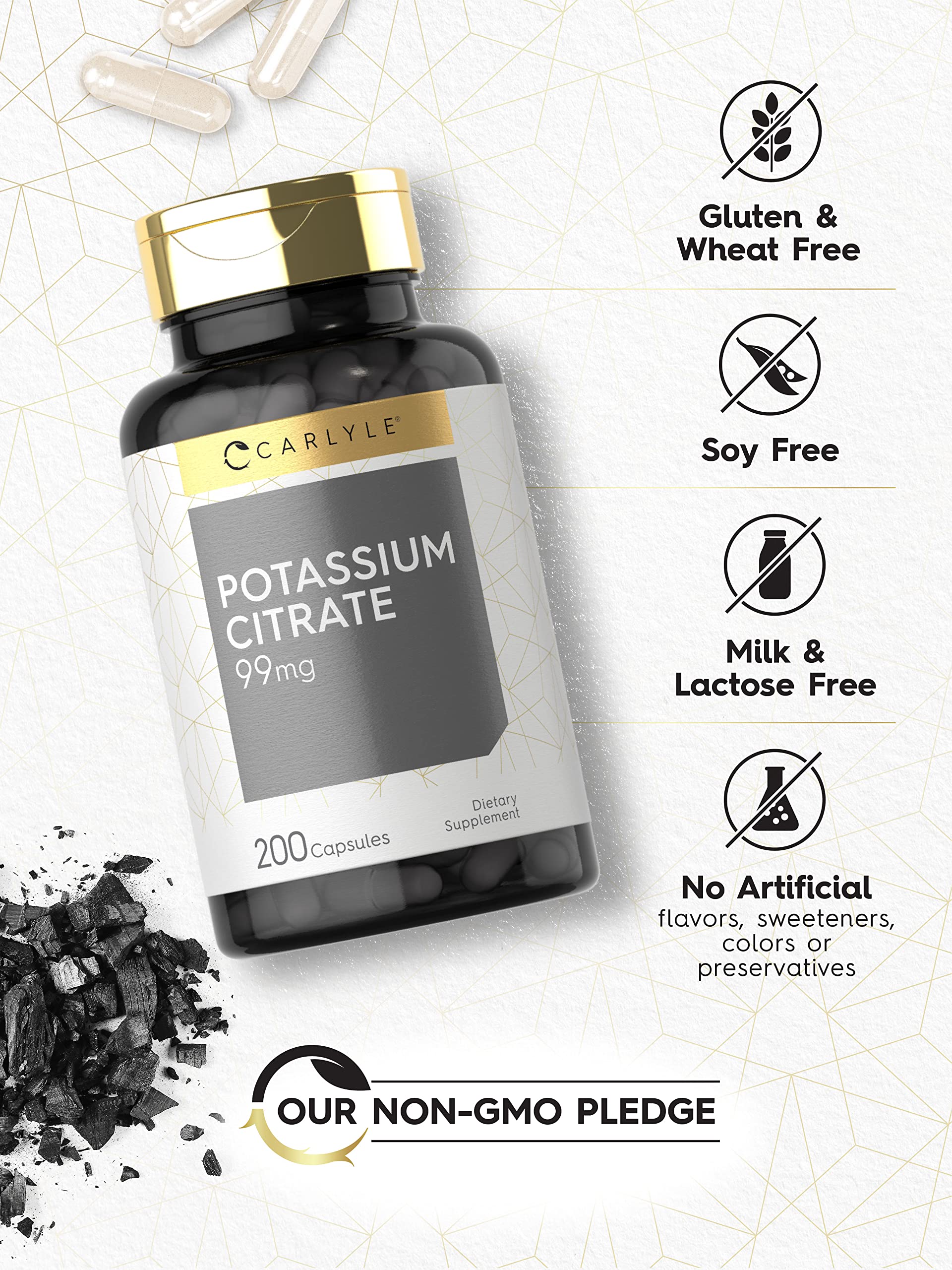 Carlyle Potassium Citrate 99mg capsules on a wooden table