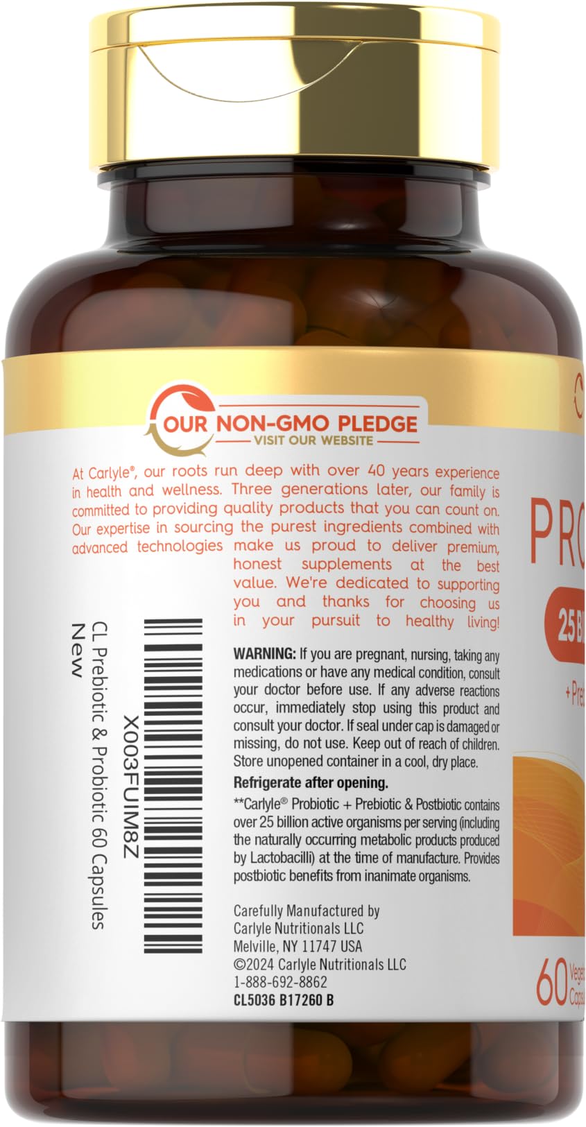 Carlyle Probiotic-14 Blend Prebiotic Capsules back view