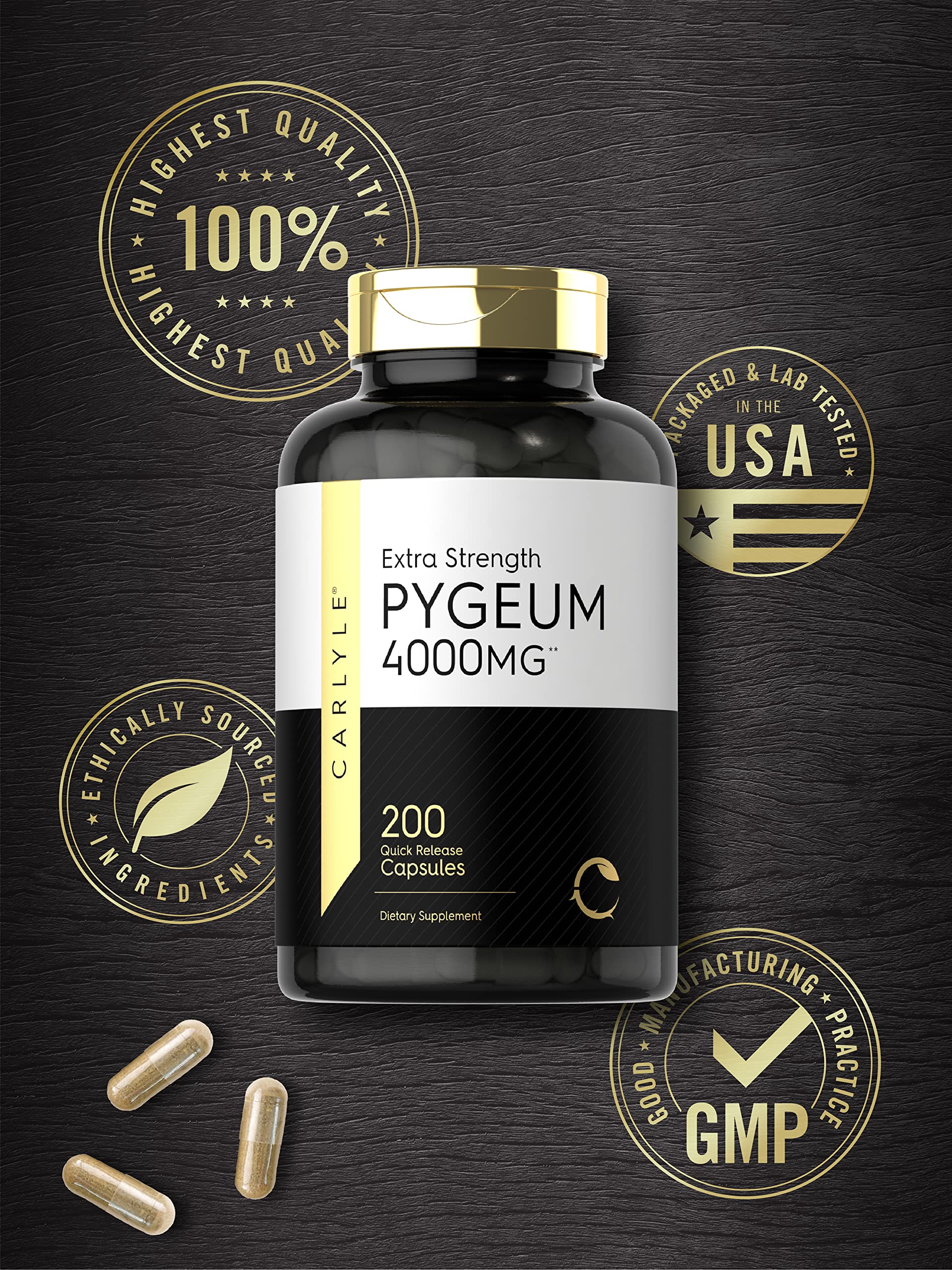 Carlyle Pygeum Bark Capsules 1000mg bottle with capsules on a wooden table