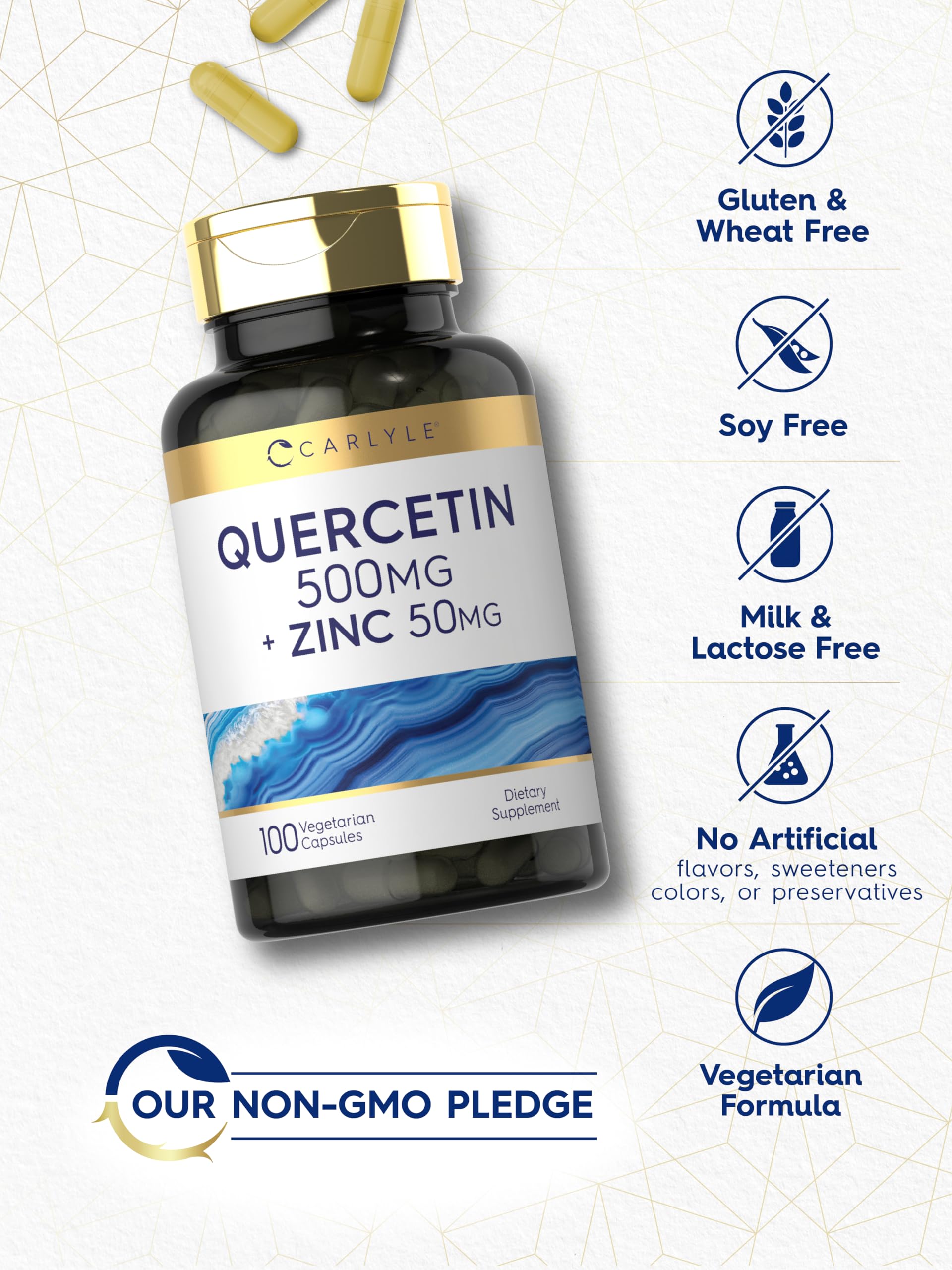 Carlyle Quercetin 500mg with Zinc 50mg capsules in a glass