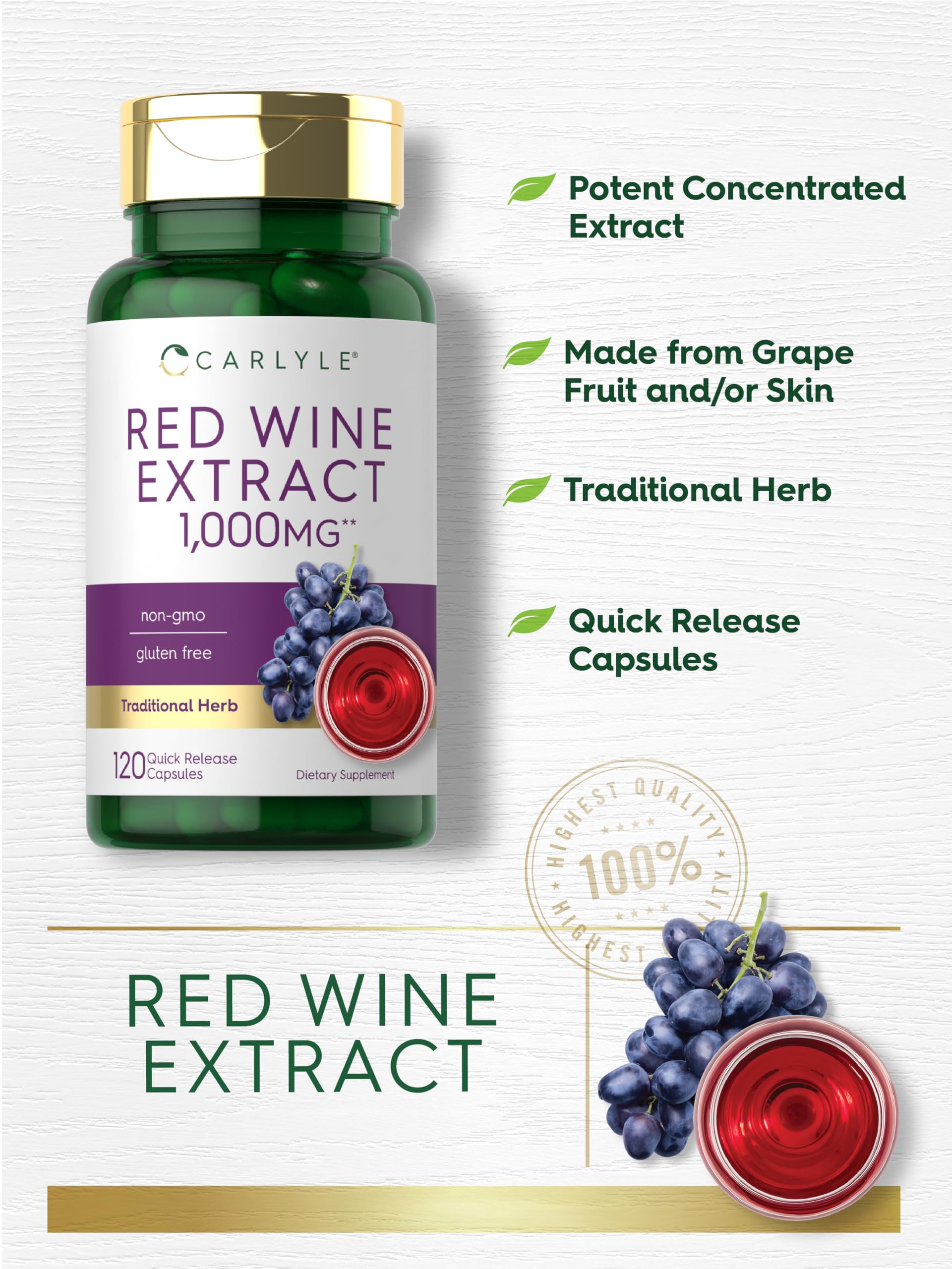 Carlyle Red Wine Extract Capsules bottle with label