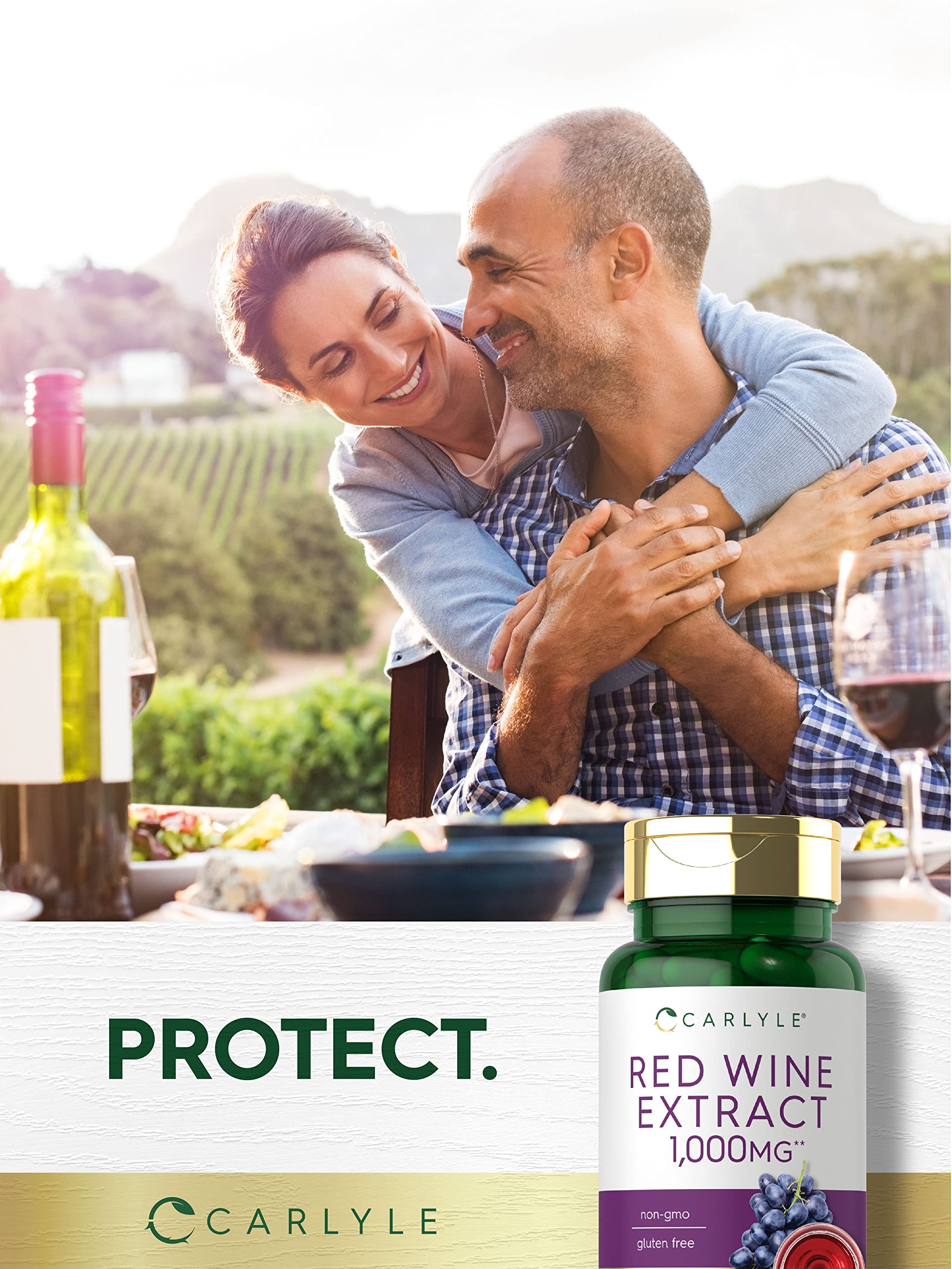 Carlyle Red Wine Extract Capsules on a wooden table
