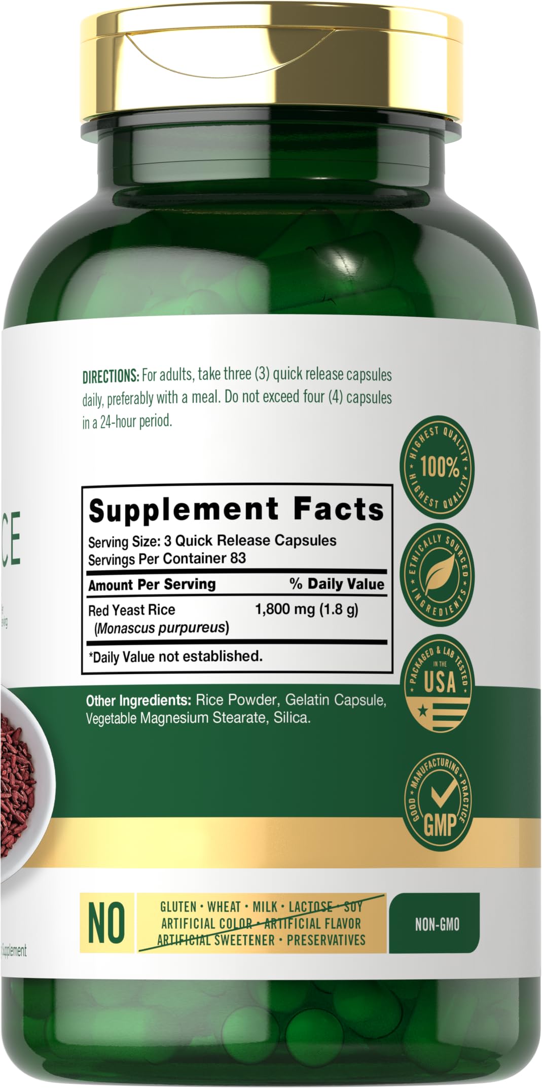 Carlyle Red Yeast Rice 1800mg capsule bottle side view