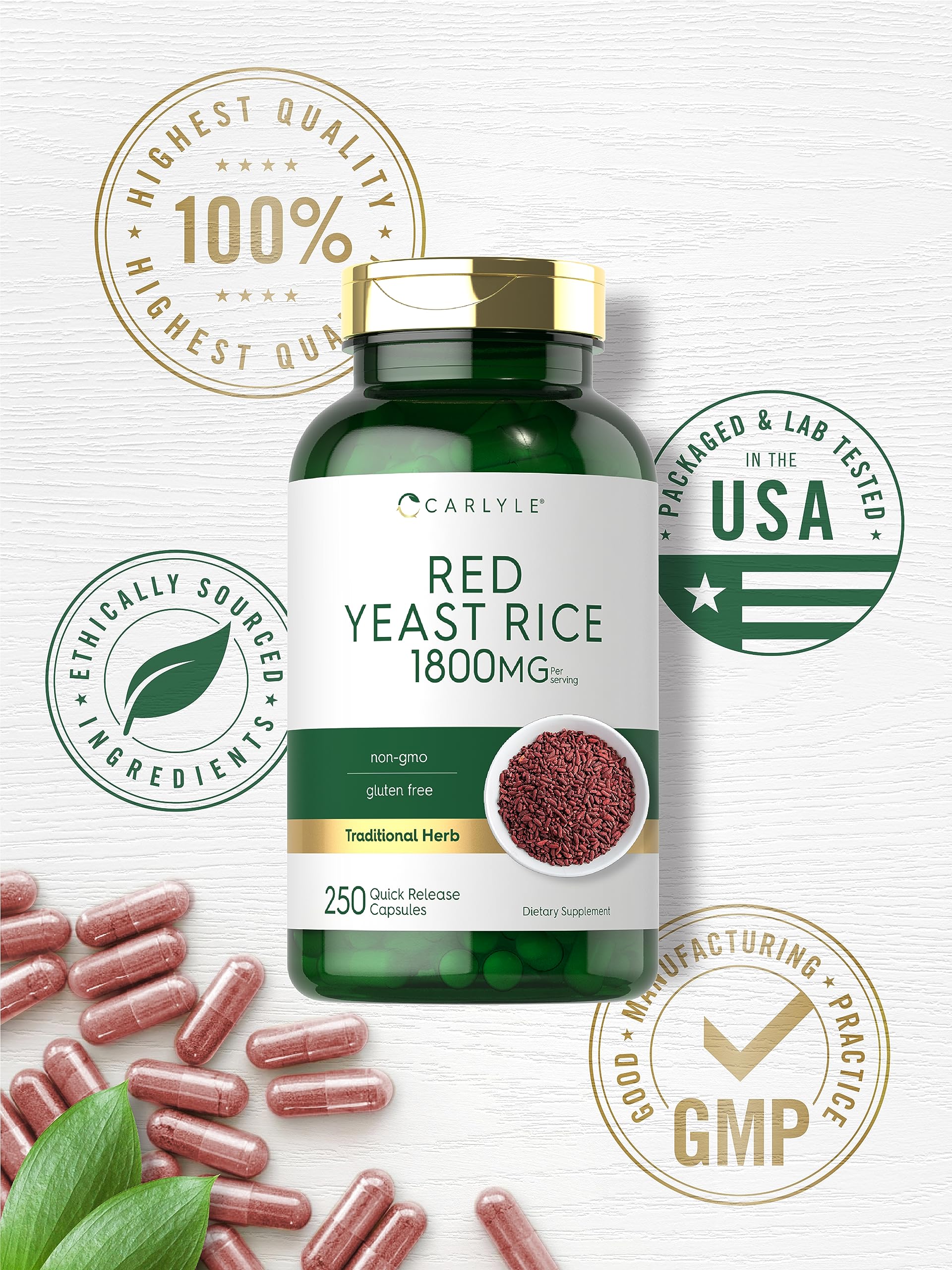 Carlyle Red Yeast Rice 1800mg capsule bottle with measuring spoon