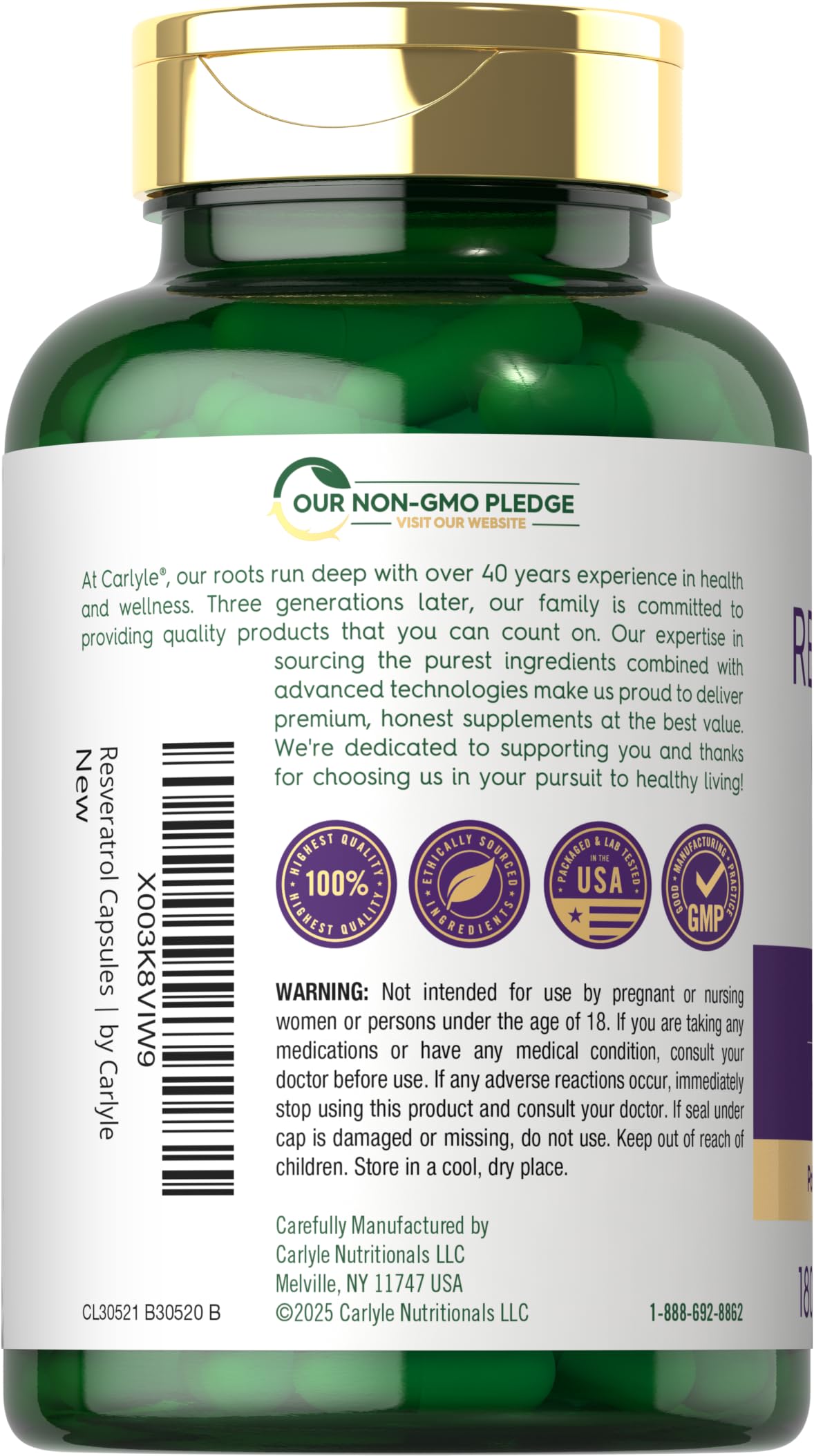 Carlyle Resveratrol Ultra Complex capsules on a wooden surface