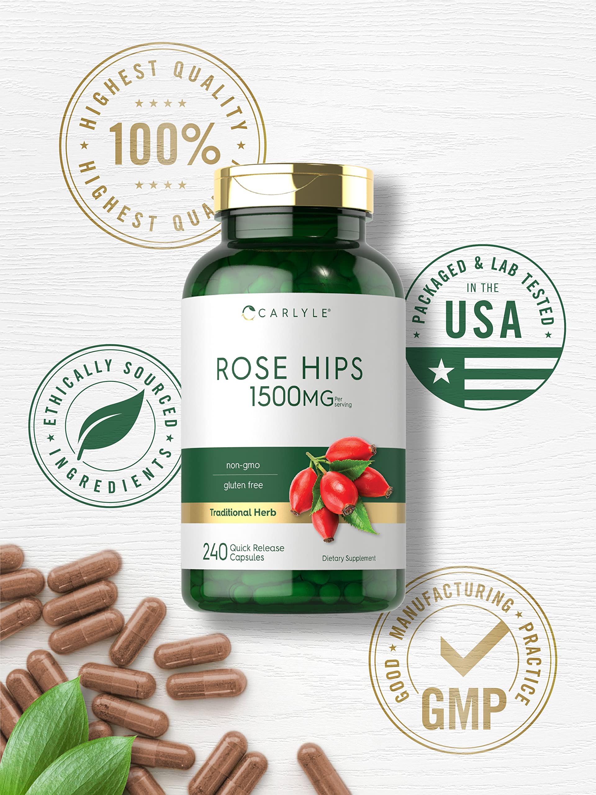 Carlyle Rose Hips capsules in a hand