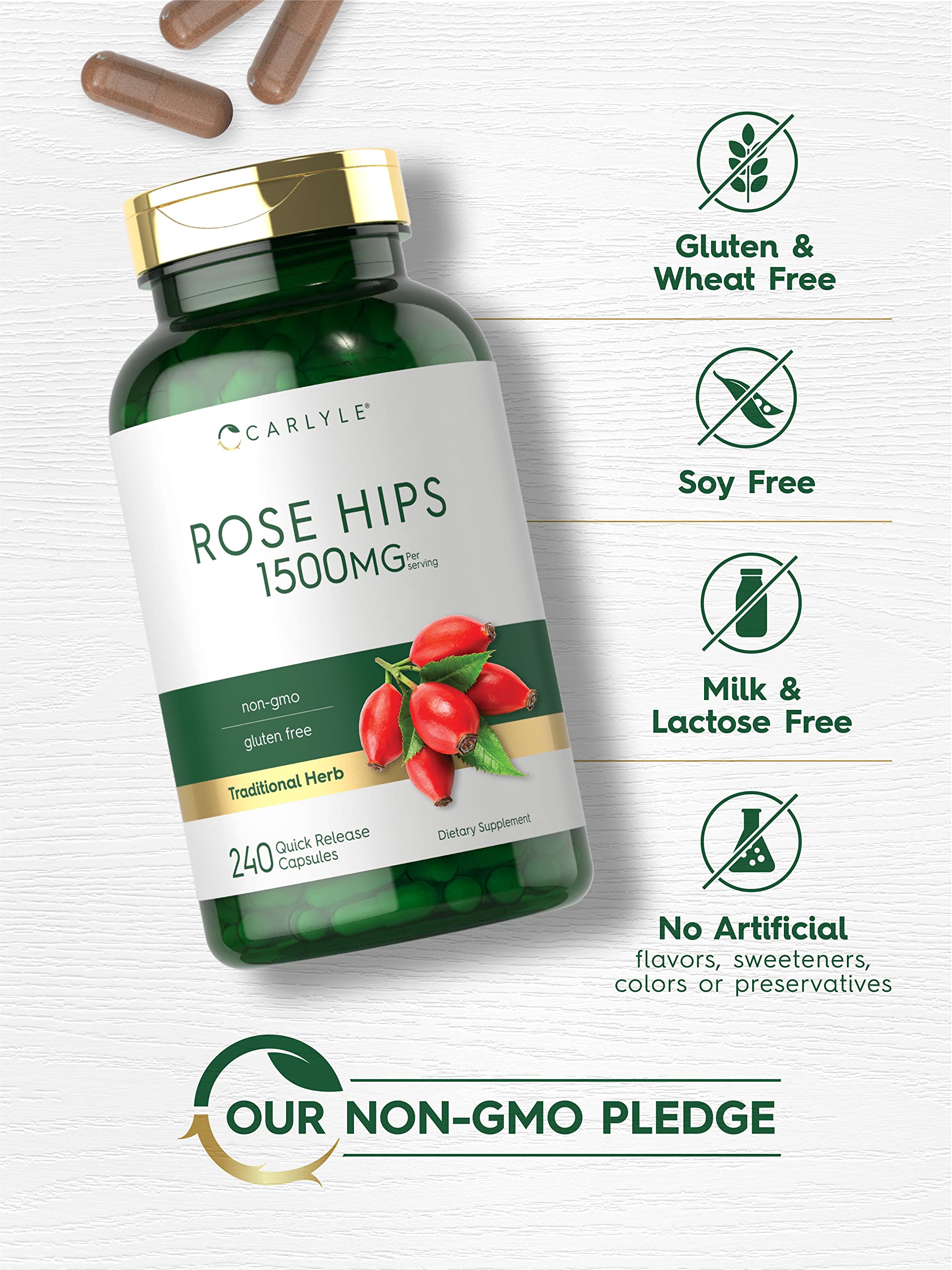 Carlyle Rose Hips capsules on a wooden table