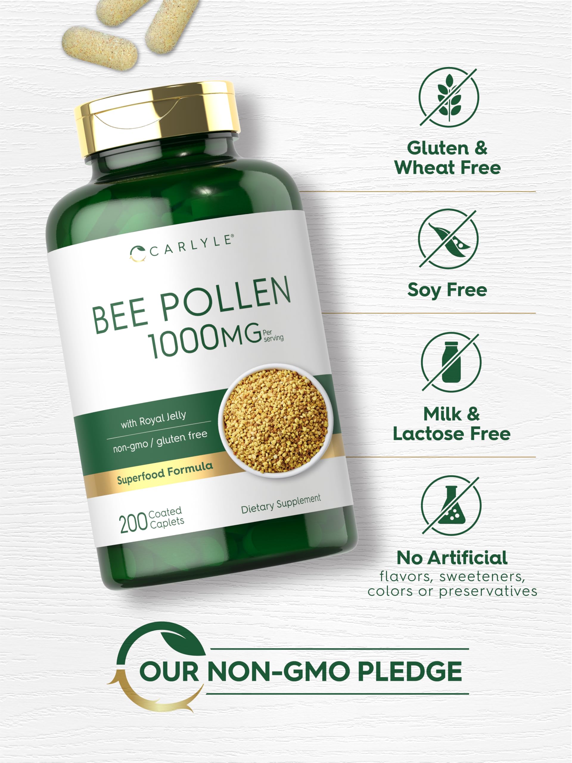 Carlyle Royal Jelly Bee Complex 1000mg capsules on a wooden table
