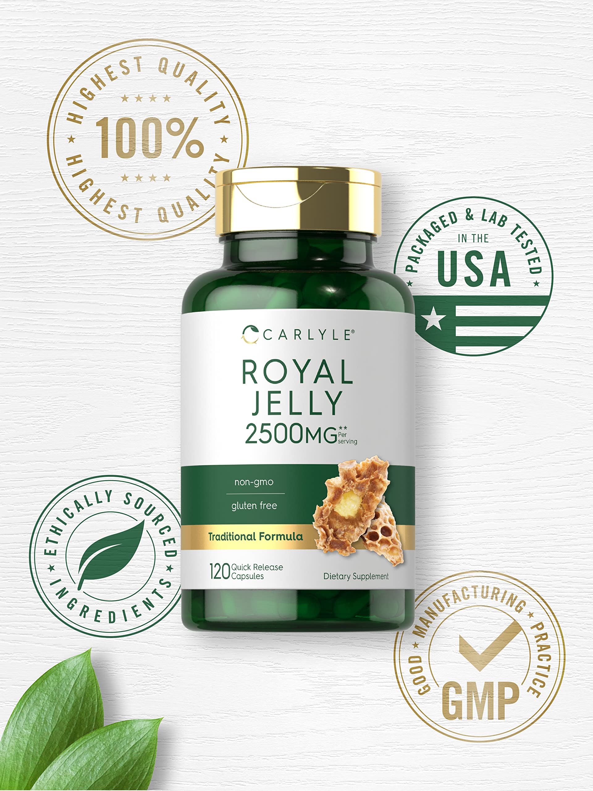 Carlyle Royal Jelly Capsules 1000mg capsules on a wooden surface