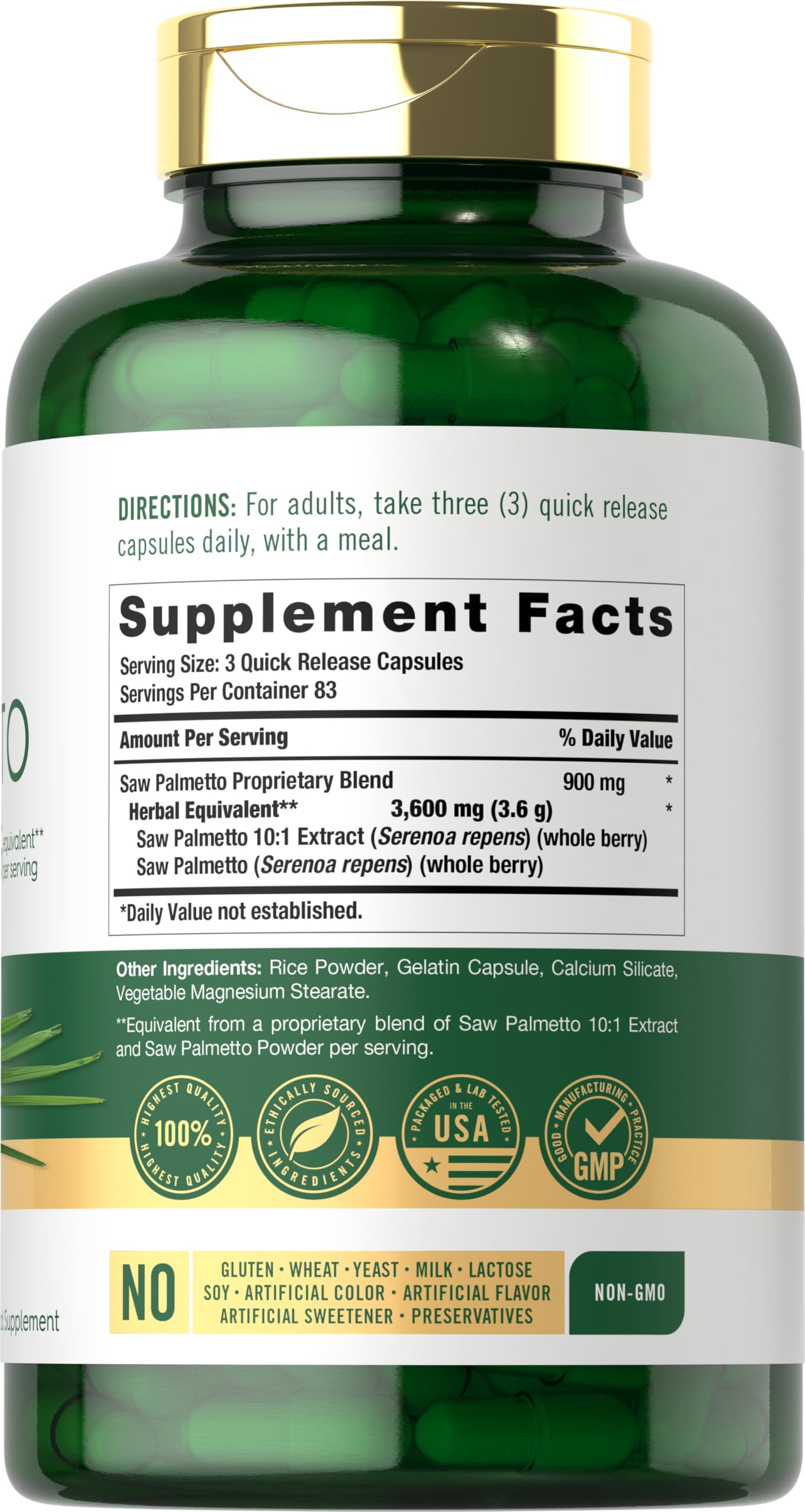 Carlyle Saw Palmetto Capsules 200g back view with ingredient list