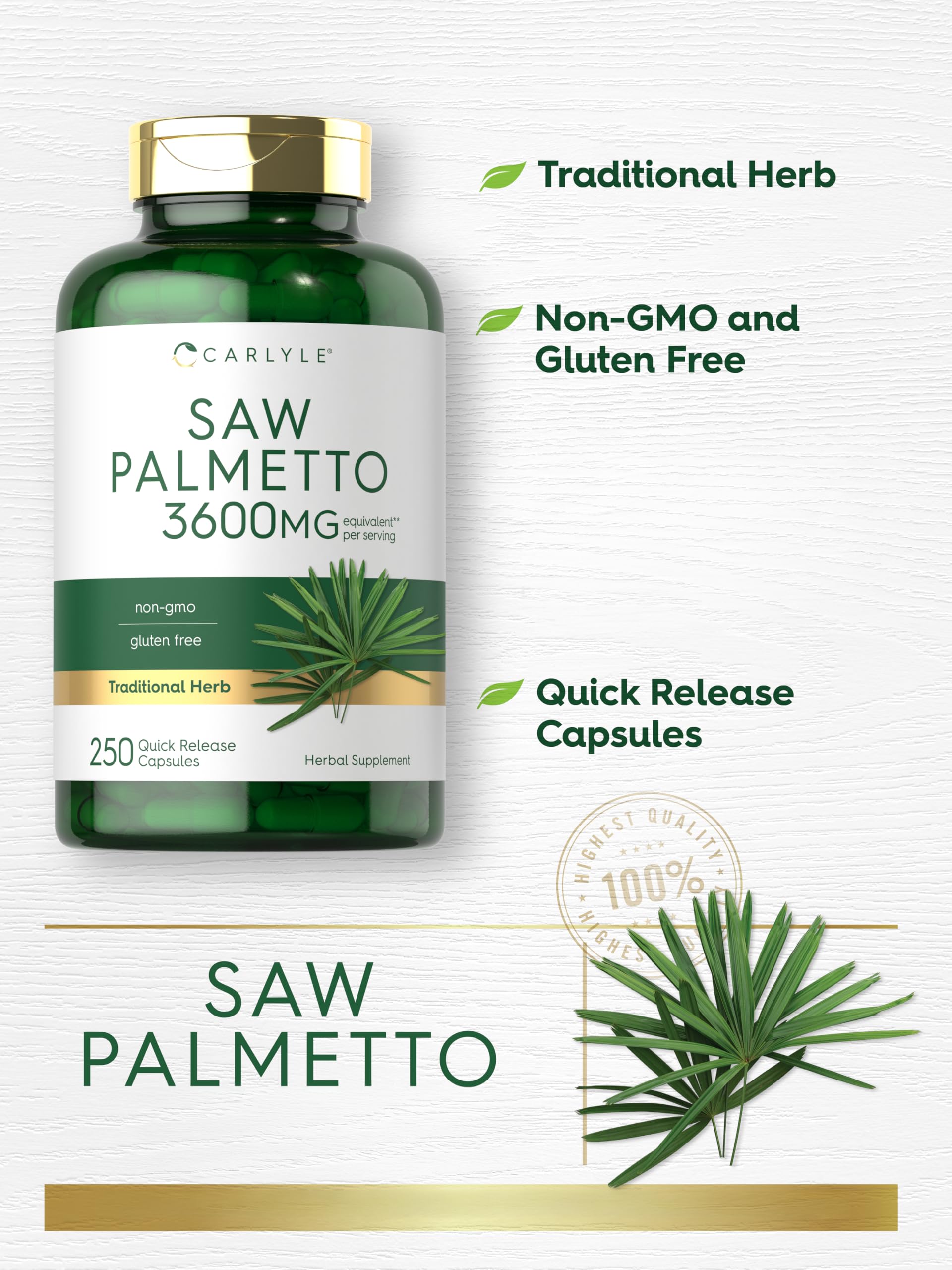Carlyle Saw Palmetto Capsules 200g lifestyle scene with a glass of water