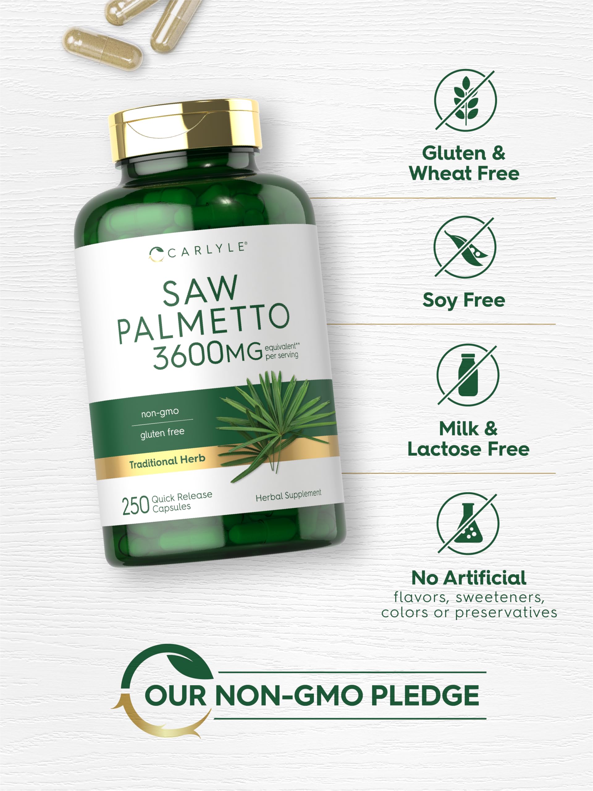 Carlyle Saw Palmetto Capsules 200g packaging on a wooden table