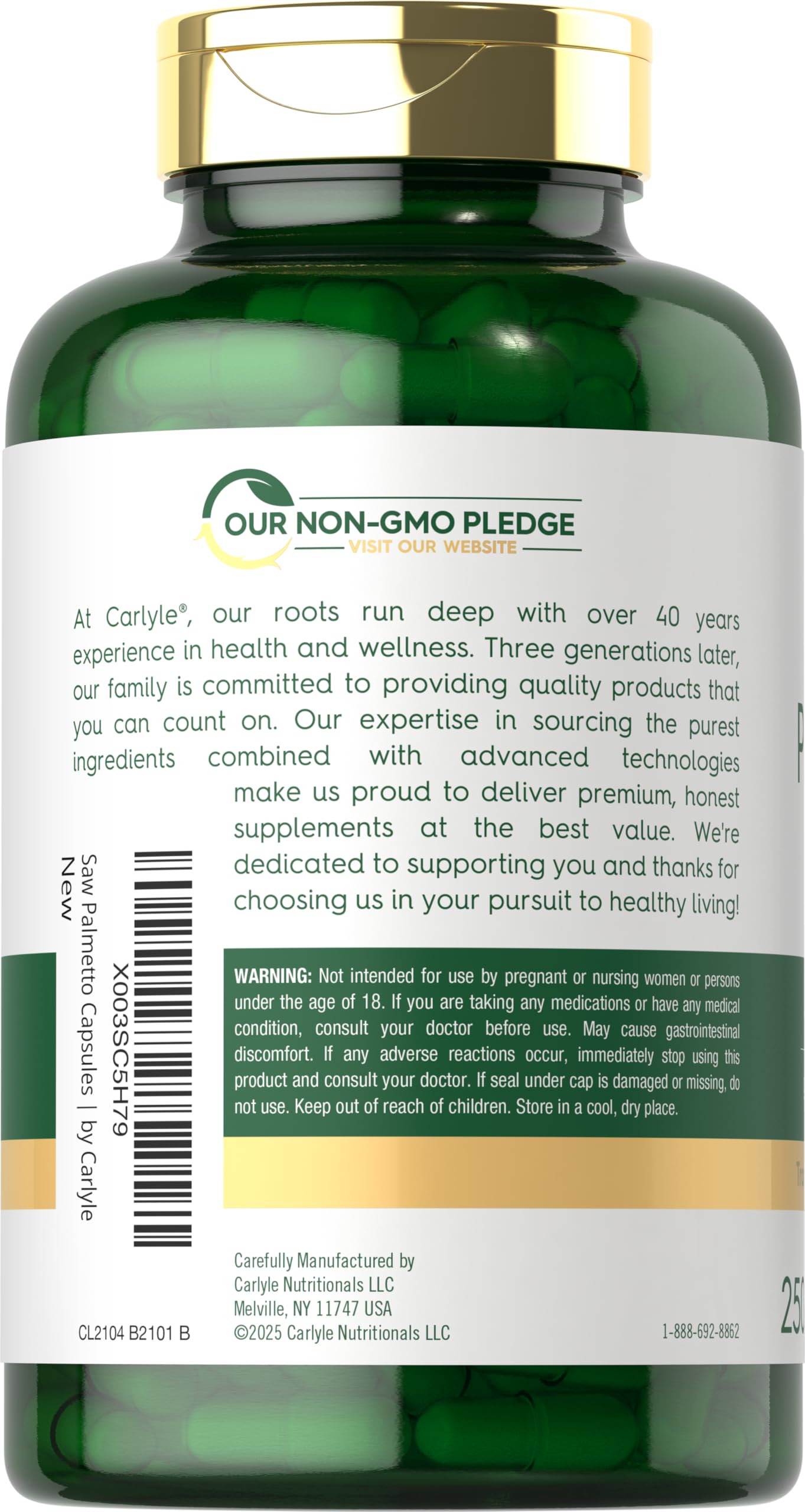 Carlyle Saw Palmetto Capsules 200g side view showing capsule size