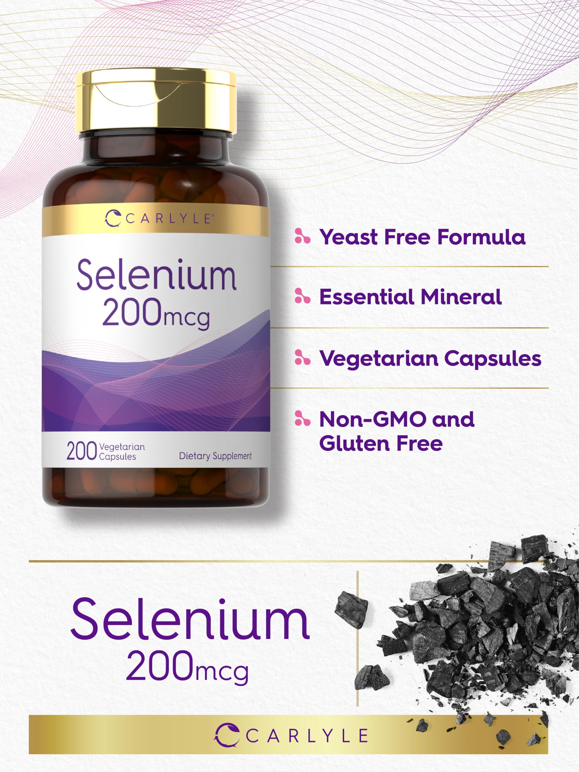 Carlyle Selenium 200 mcg capsules on a wooden surface