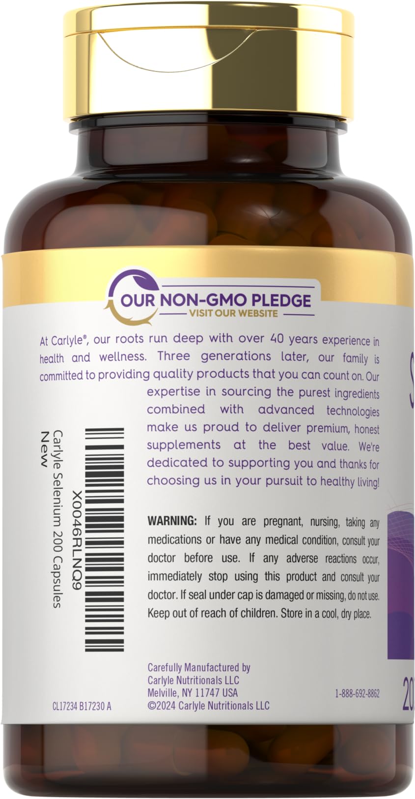 Carlyle Selenium 200 mcg vegetarian capsules with label details