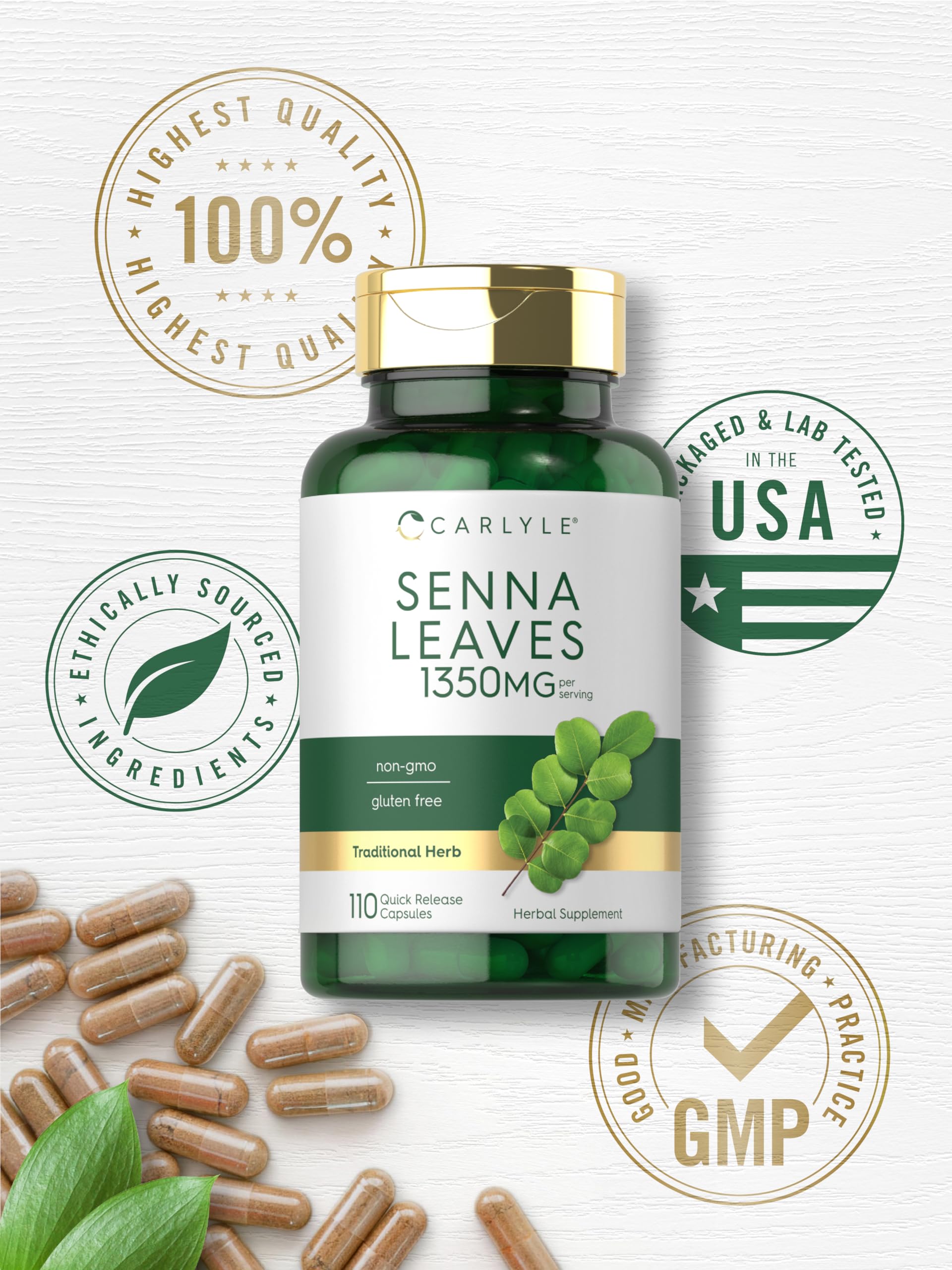 Carlyle Senna Leaf Capsules 1350mg bottle in lifestyle setting