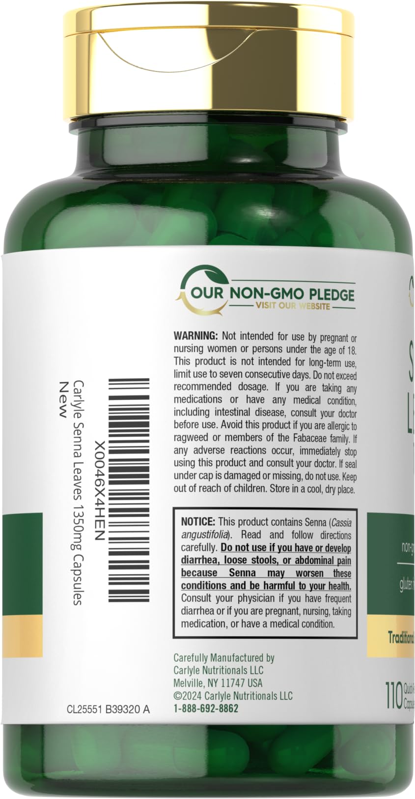 Carlyle Senna Leaf Capsules 1350mg bottle with label
