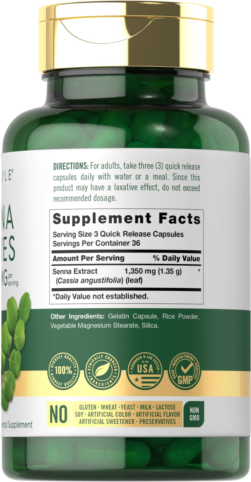 Carlyle Senna Leaf Capsules 1350mg side view