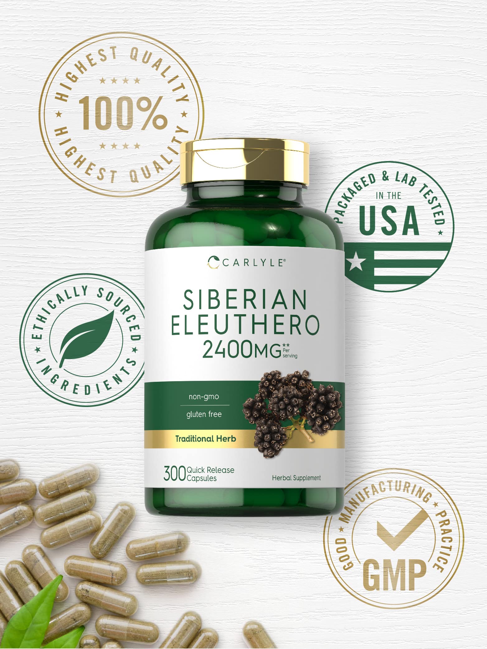 Carlyle Siberian Ginseng Eleuthero Capsules with dosage information