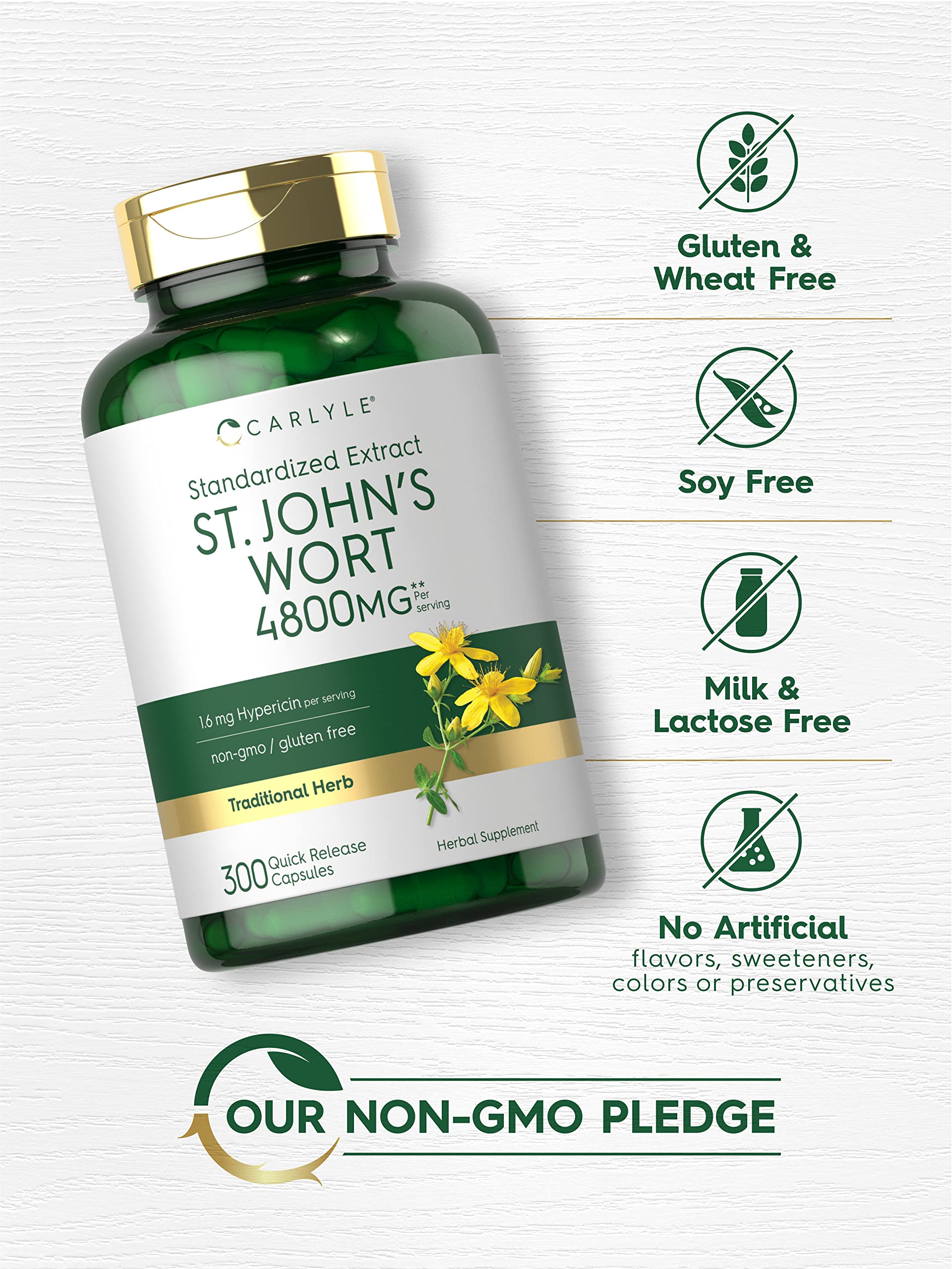 Carlyle St. John's Wort capsules lifestyle scene on a wooden table