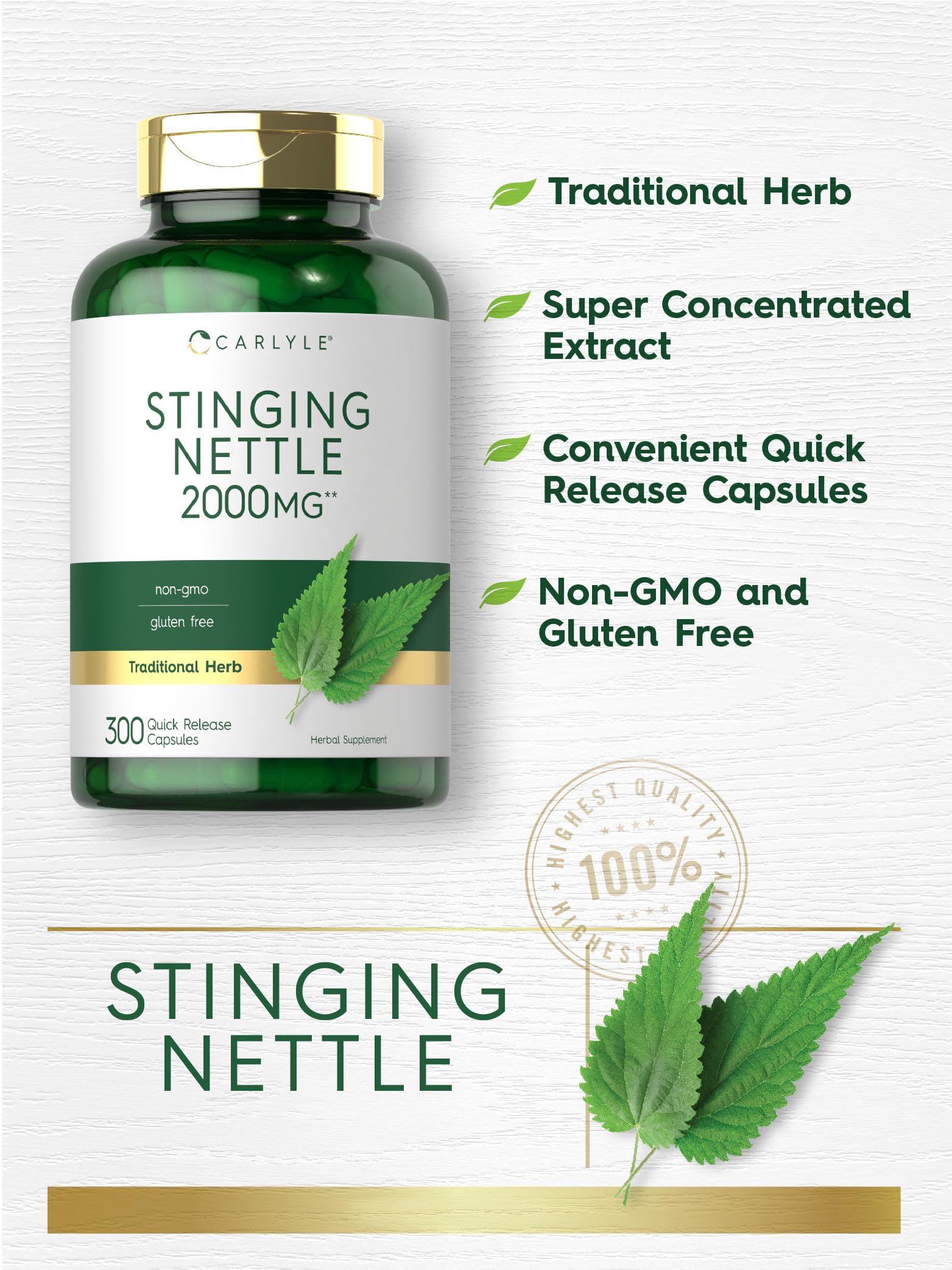 Carlyle Stinging Nettle capsules displayed on a wooden surface