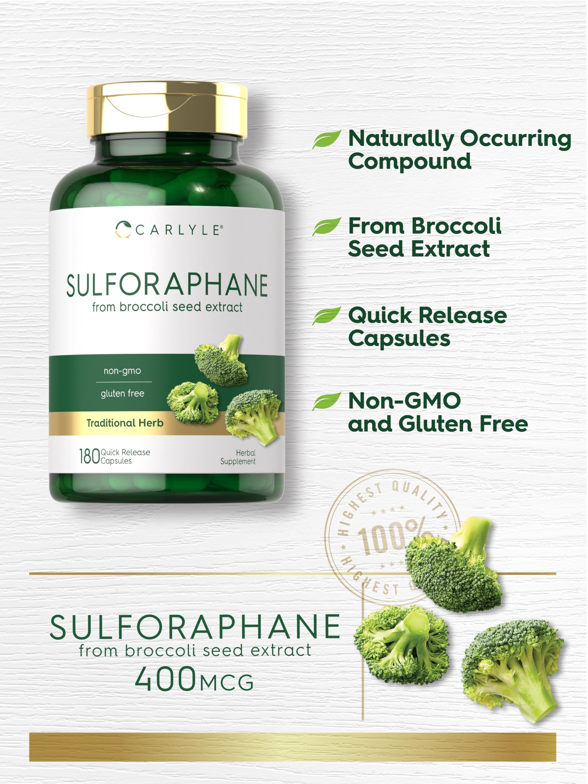 Carlyle Sulforaphane capsules with broccoli background