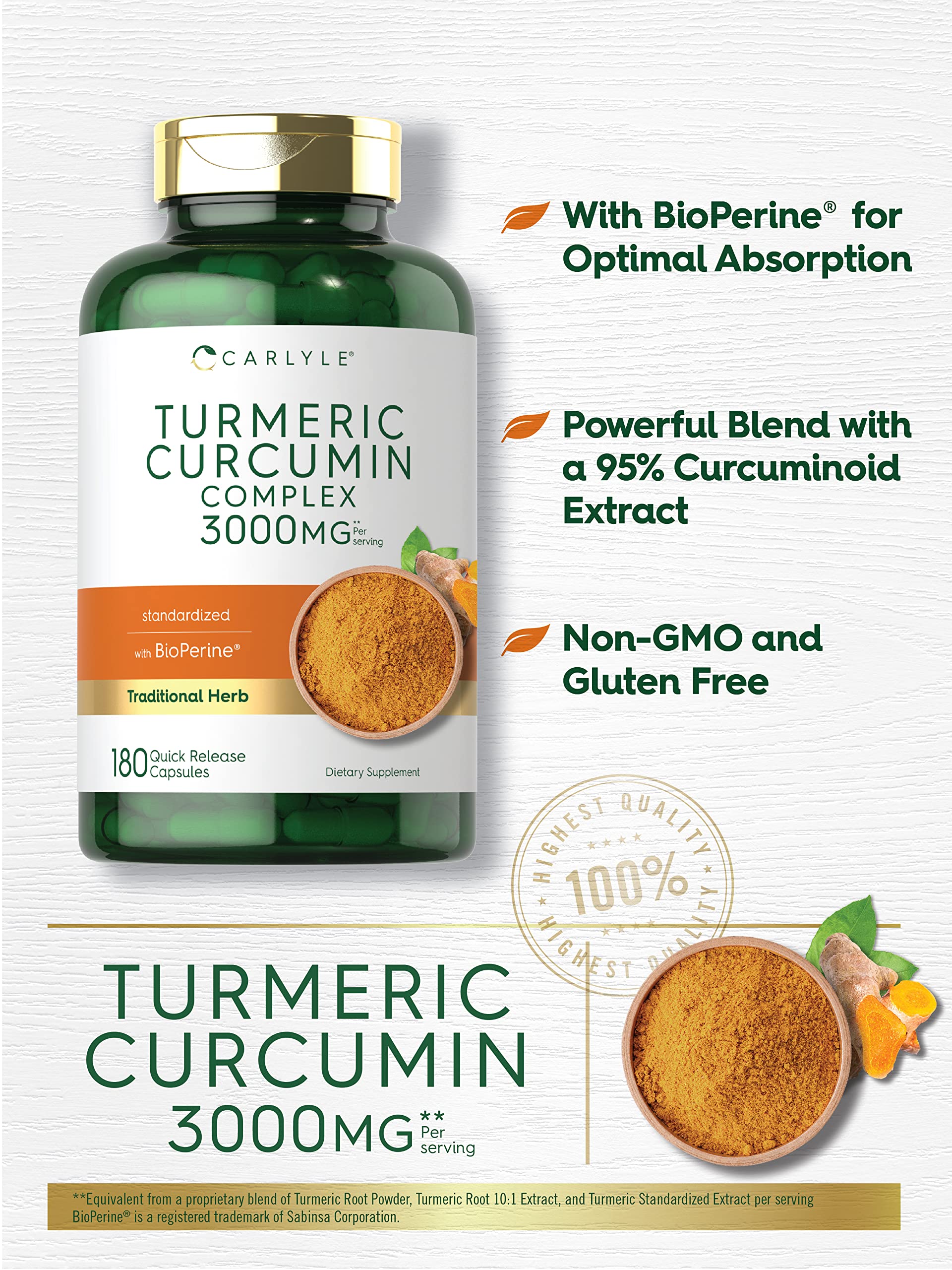 Carlyle Turmeric Curcumin Capsules 200g side view