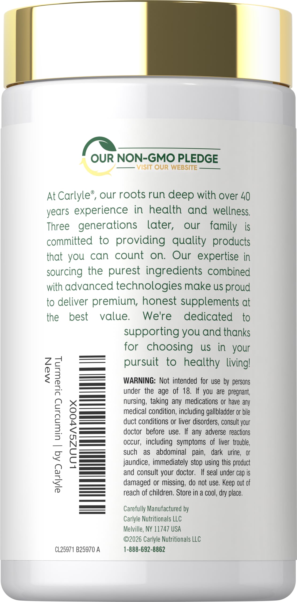 Carlyle Turmeric Curcumin Softgels back view with ingredient list