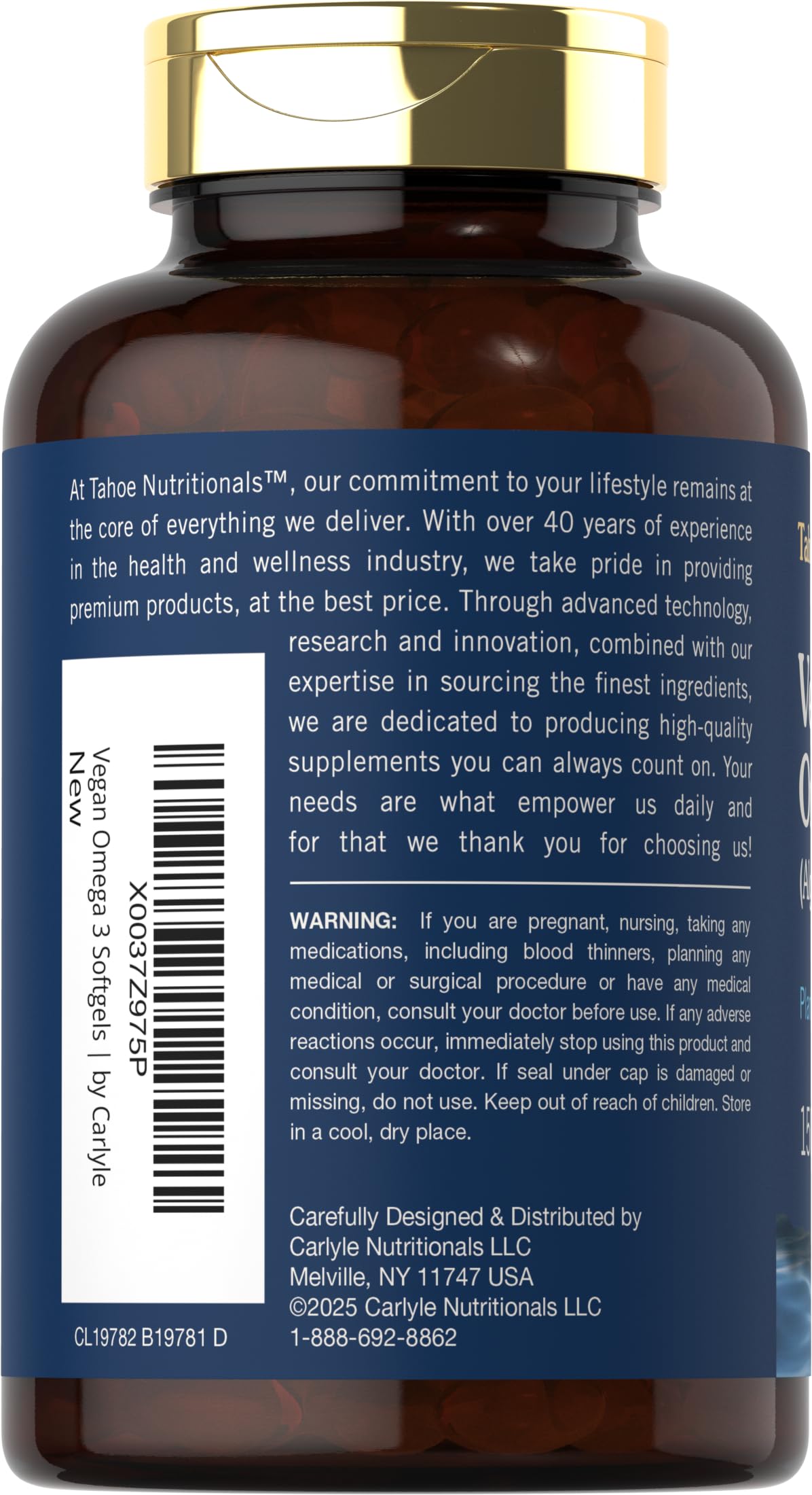 Carlyle Vegan Omega-3 Softgels back view with ingredient list
