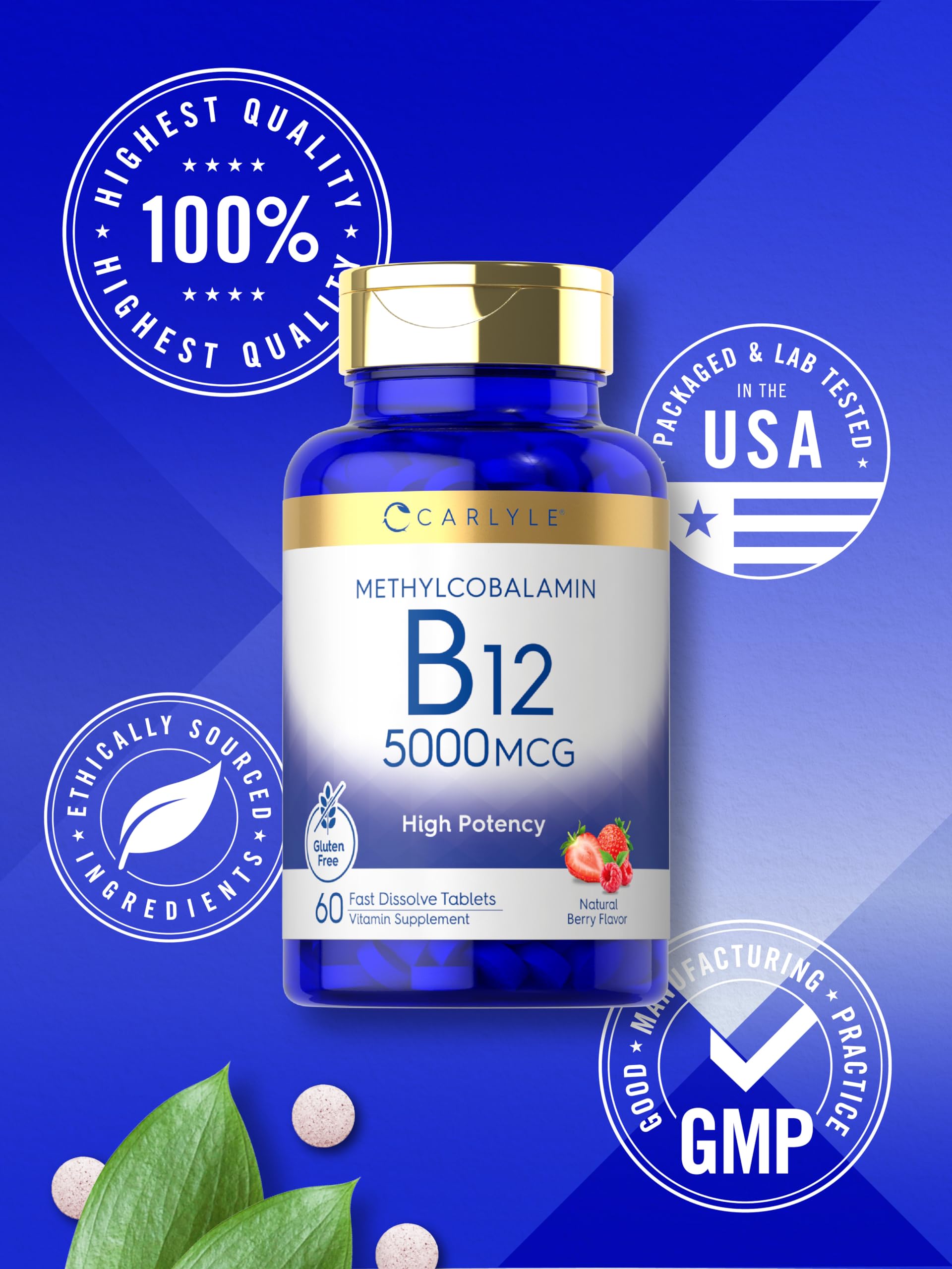 Carlyle Vitamin B-12 fast dissolve tablets on a wooden table