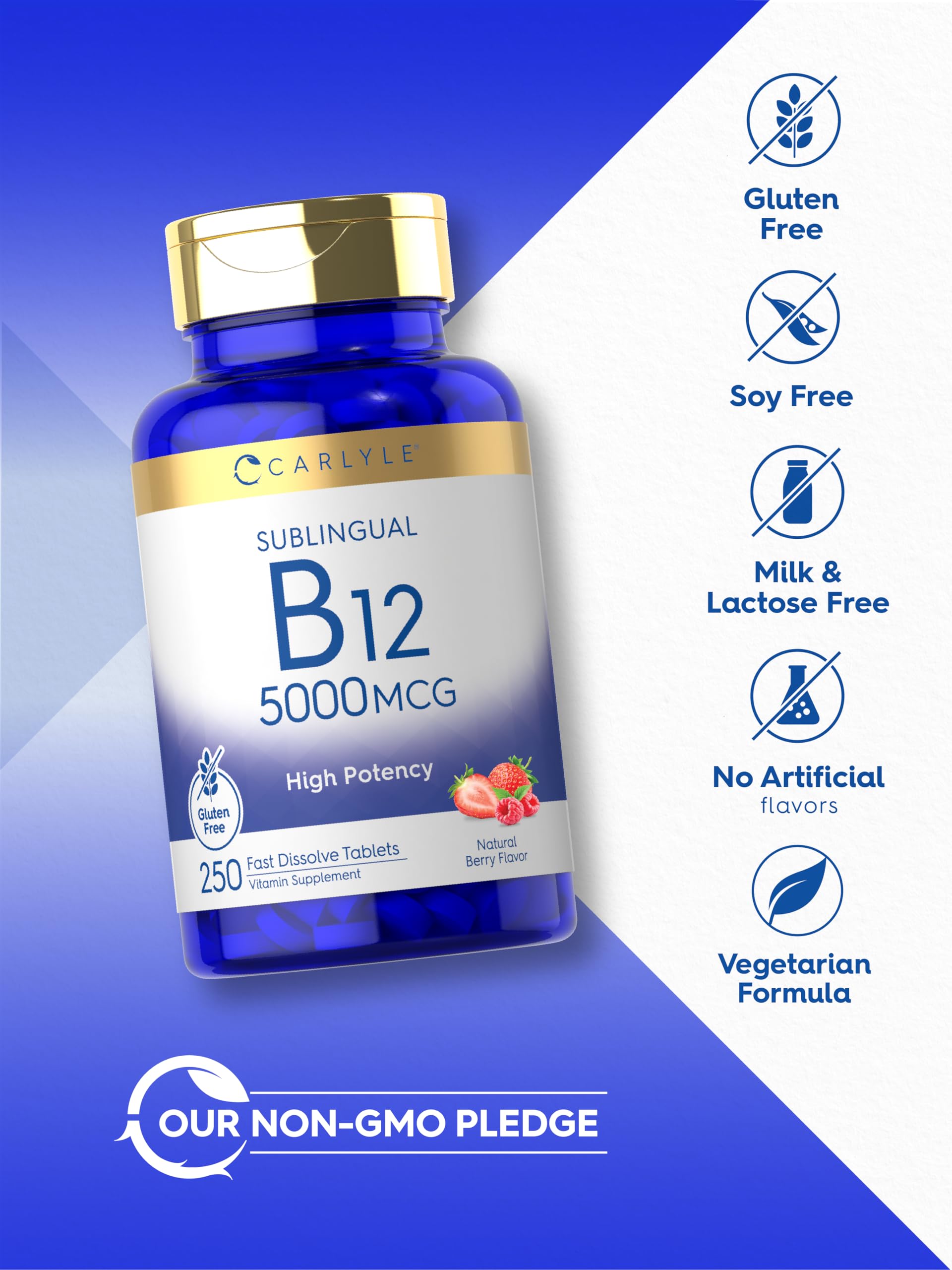 Carlyle Vitamin B12 5000 mcg vegetarian tablets on a wooden surface