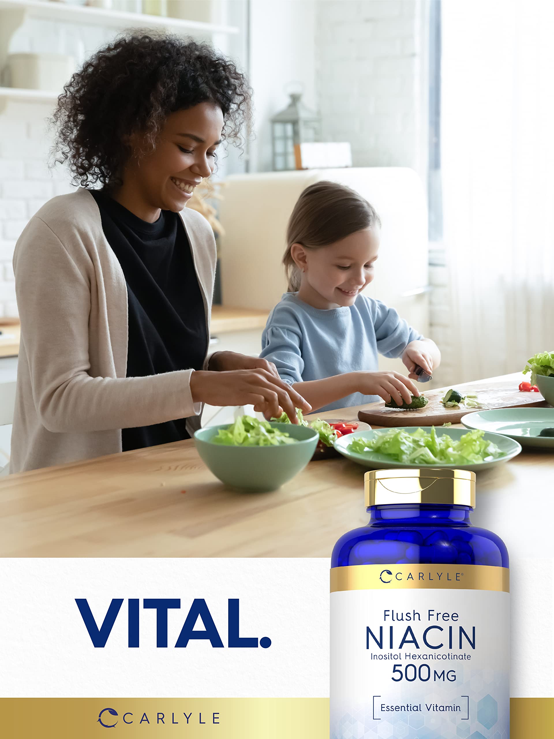 Carlyle Vitamin B3 Niacin 400mg capsules on wooden surface
