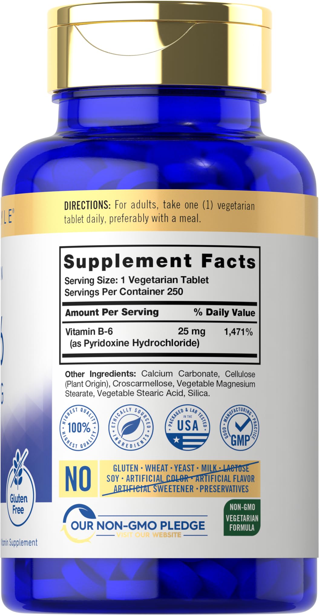 Carlyle Vitamin B6 25mg vegetarian tablets side view