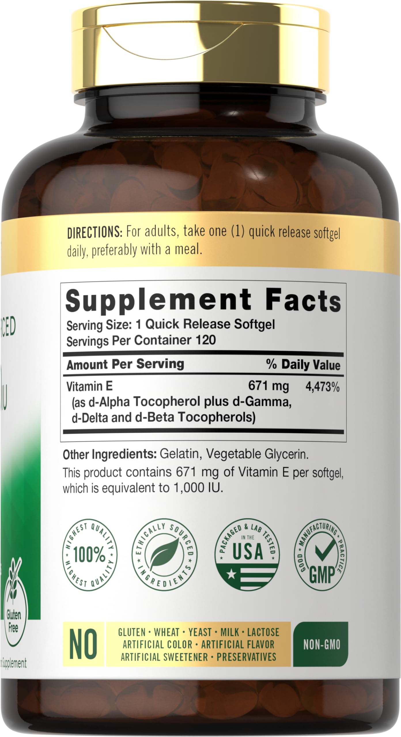 Carlyle Vitamin E 1000 IU Softgels side view