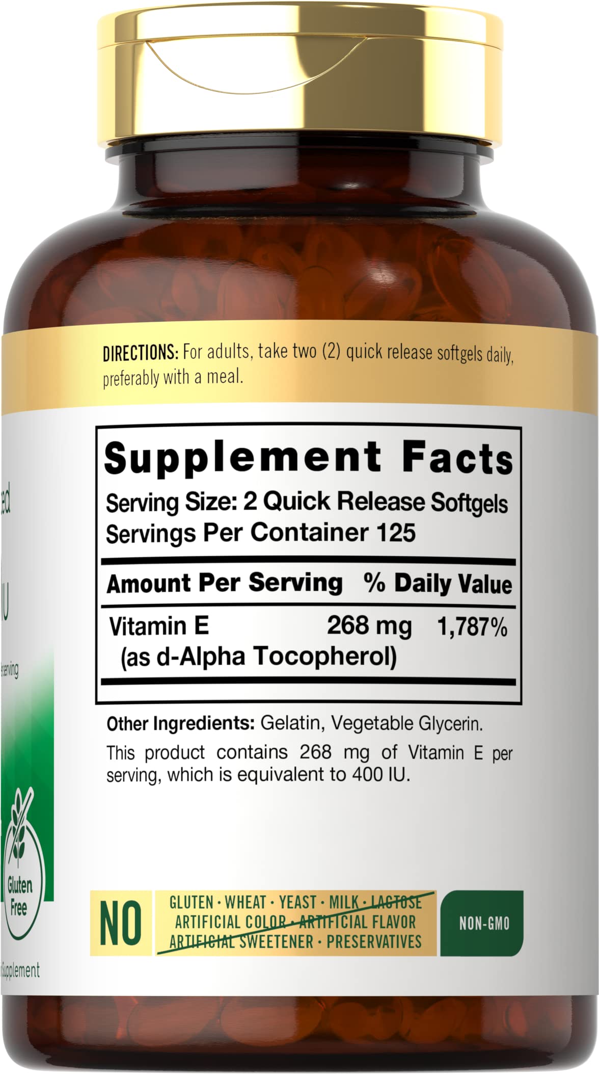 Carlyle Vitamin E 400 IU Softgels back view with ingredients